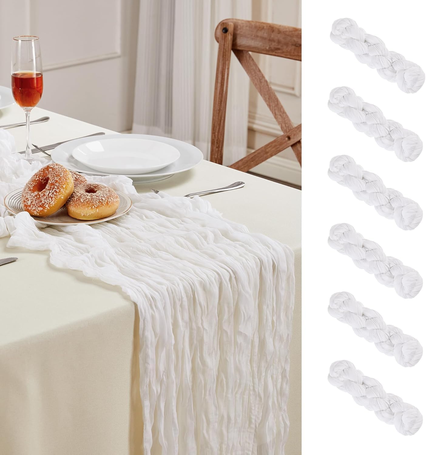 Photo 1 of AGIRL 6 Pack White Cheesecloth Table Runner 10FT Long Summer Boho Gauze Table Runner Rustic Sheer Runner for Spring Wedding Bridal Baby Shower Birthday Party Table Decor Easter Decorations