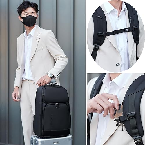 Miniatura 6 de FENRUIEN Mochila de viaje de 17 pulgadas para hombres, mochila de computadora expandible resistente al agua con puerto USB, bolsa negra para laptop