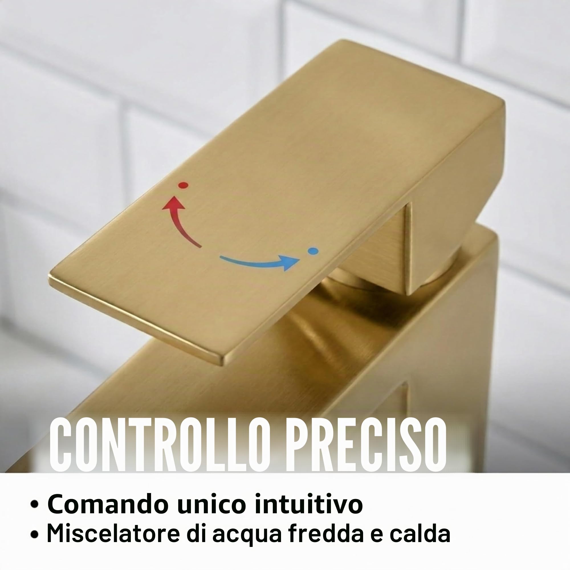 VALAZ Rubinetto Bagno Lavabo Dorato Spazzolato Protezione PVD | Miscelatore Lavabo Bagno Acqua Fredda e Calda, Risparmio Acqua | Installazione Facile | Ottone, Inossidabile, Quadrato, Serie Segura