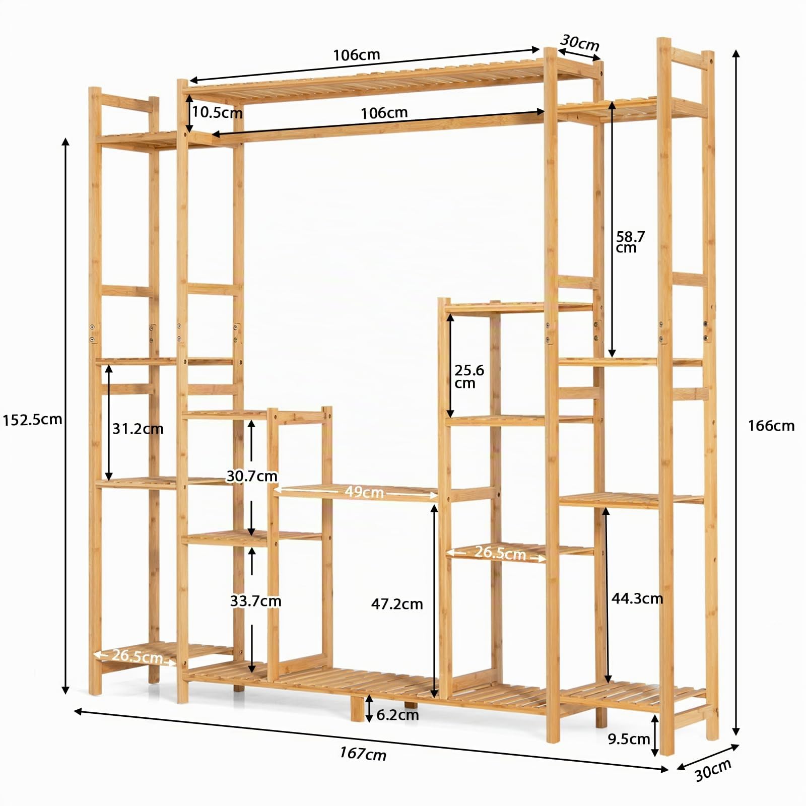 HOMASIS Estantería para flores con 18 estantes y barra colgante, estantería para plantas de bambú, soporte para plantas, soporte para plantas, para salón, 167 x 30 x 166 cm