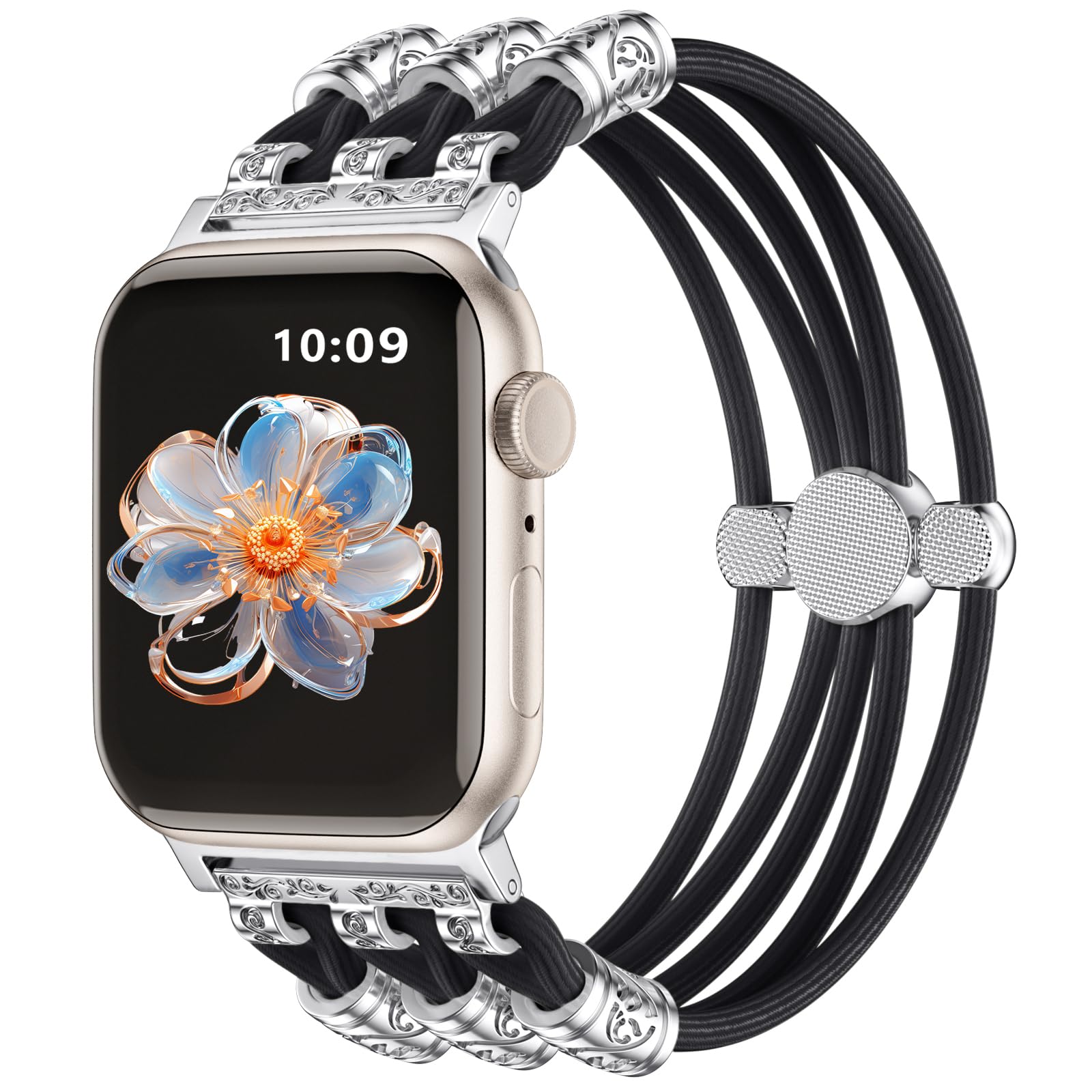 Omnillert Bracelet Band Beaded Compatible for Apple Watch 38mm 40mm 41mm Women 44 42 45mm, Black Cute Boho Watch Band Braided Nylon Elastic Stretchy Silver Charms iWatch Series 9 8 7 6 5 4 3 SE Strap
