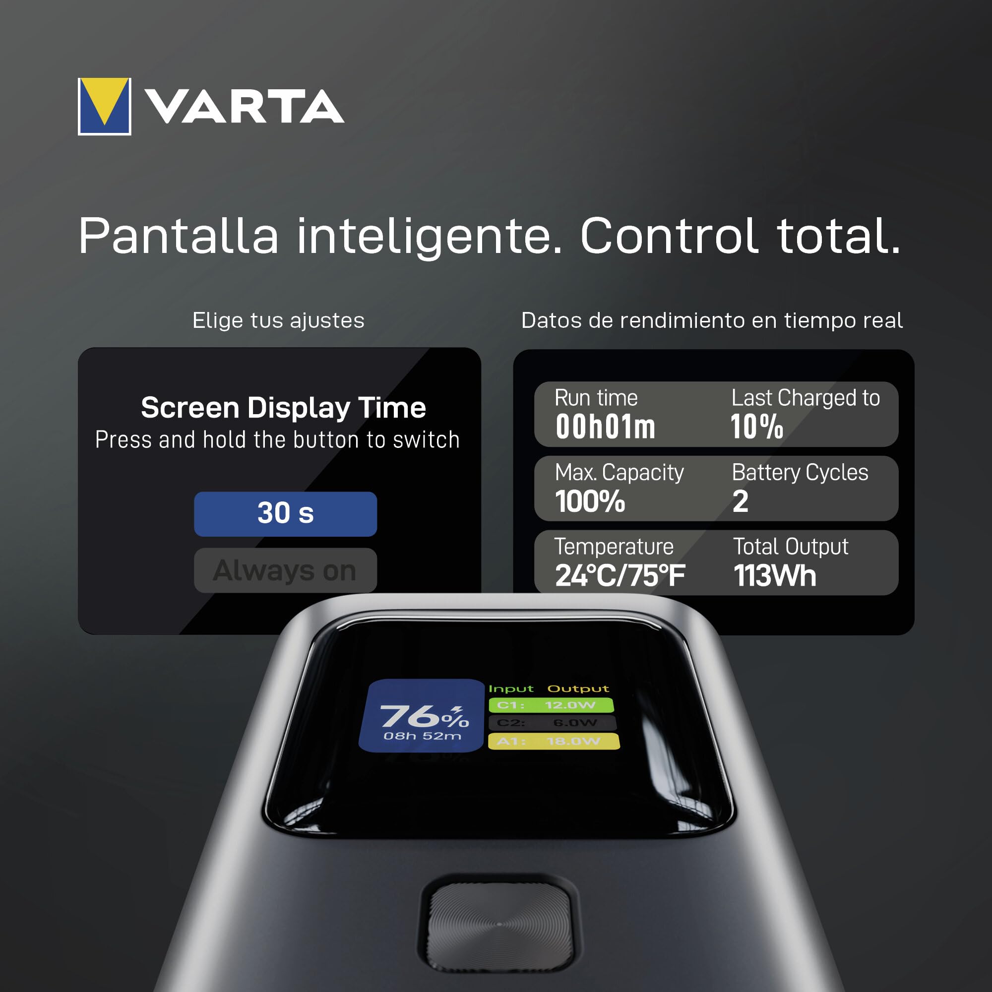 VARTA Batería Externa 27000mAh, Carga ultrarrápida de 140 W, 3 Puertos (2X USB-C; 1x USB-A), Compatible con Ordenador portátil, Smartphone y Tableta, Pantalla Digital, Incluye Cable de 140 W. | para Laptop, smartphone, Tablet y Drohne, 2x USB C PD, 1x USB