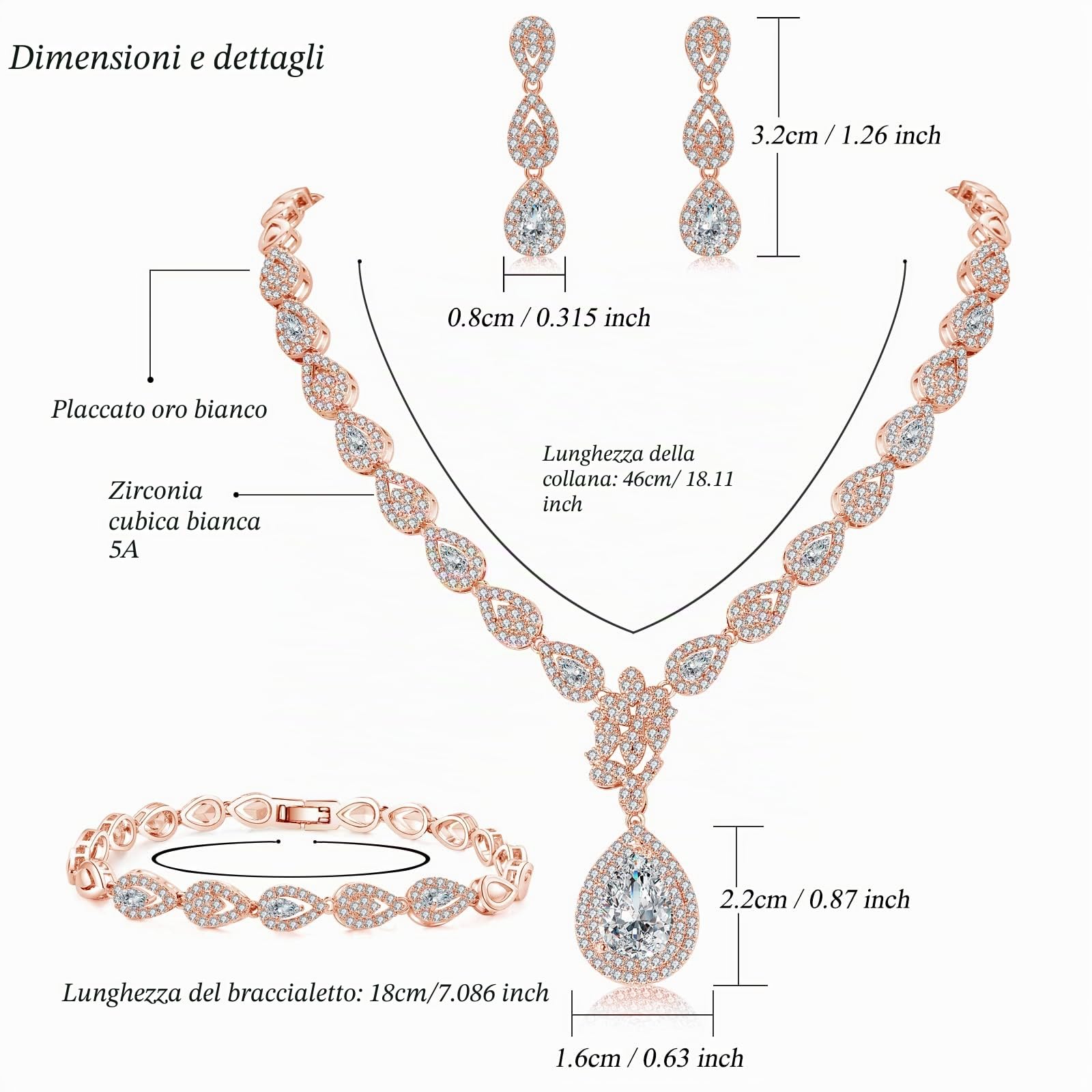 Set di gioielli per matrimonio, collana e orecchini, da appendere e bracciale, argento, oro rosa/oro, da sposa, con zirconi bianchi AAAAA, in fidanzamento, per gli amanti della sposa e delle