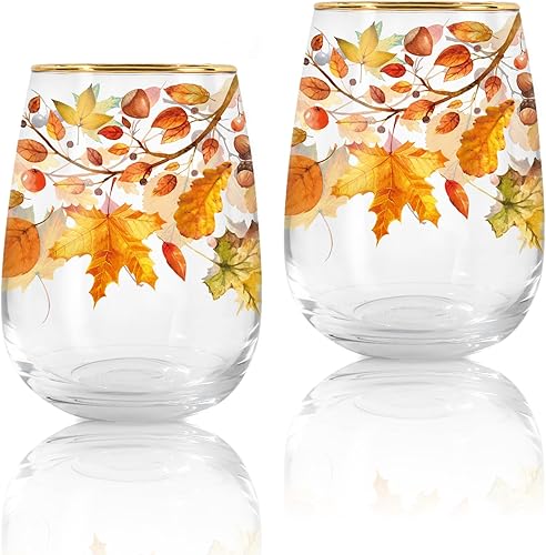 Miniatura 1 de Whaline 2 copas de vino sin tallo de otoño de 17 onzas, vasos de hoja de arce con borde dorado, vasos de hojas de otoño para suministros de fiesta,