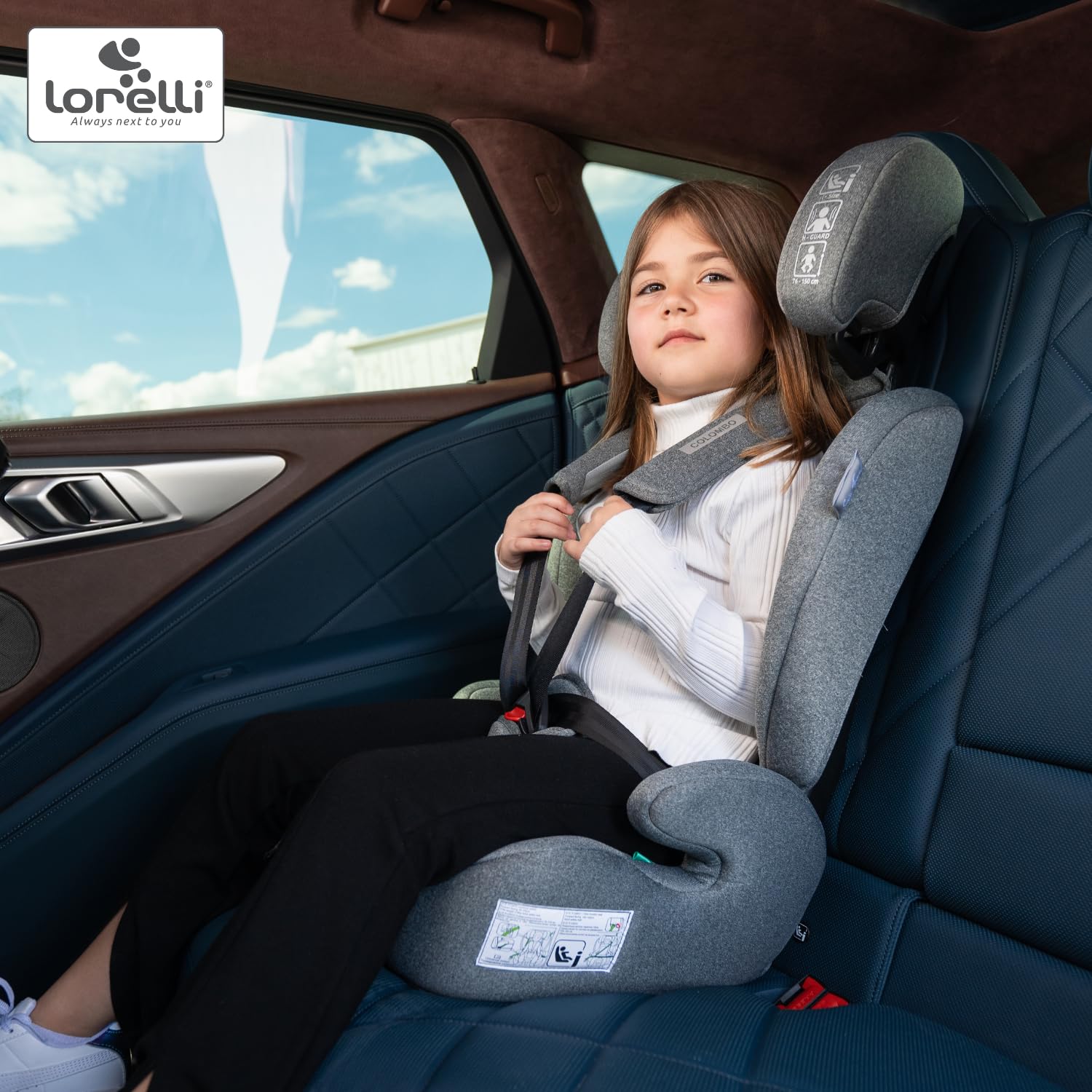 Lorelli Fotelik samochodowy Colombo i-Size, rosnący wraz z dzieckiem fotelik samochodowy dla dzieci w wieku 76-150 cm, fotelik dziecięcy, regulowany zagłówek, 5-punktowy pas bezpieczeństwa, szary