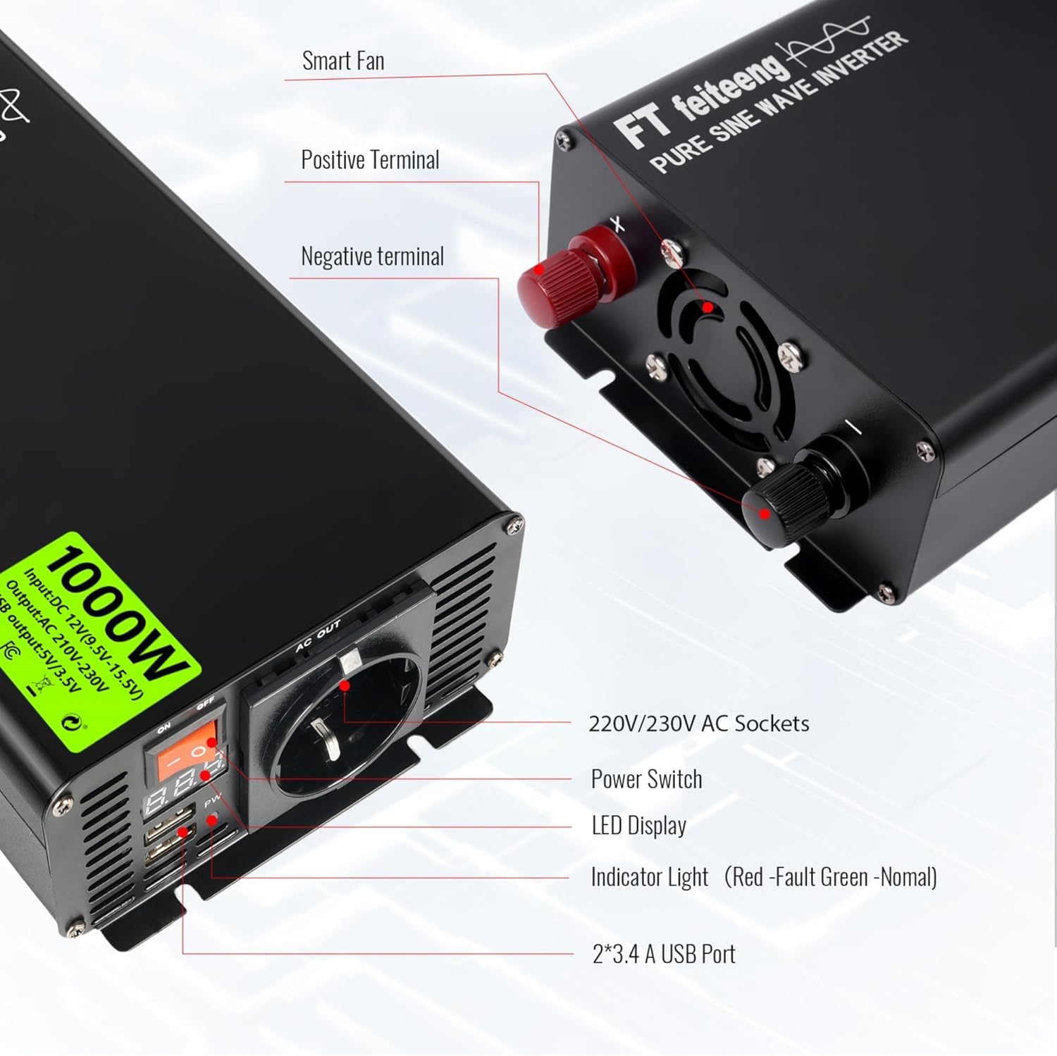 Inverter a onda sinusoidale pura, da 12 V CC a 220 V/230 V AC, display a LED, doppia porta USB 5 V/3,4 A, adatto per campeggio, camper, camion (1000 W)