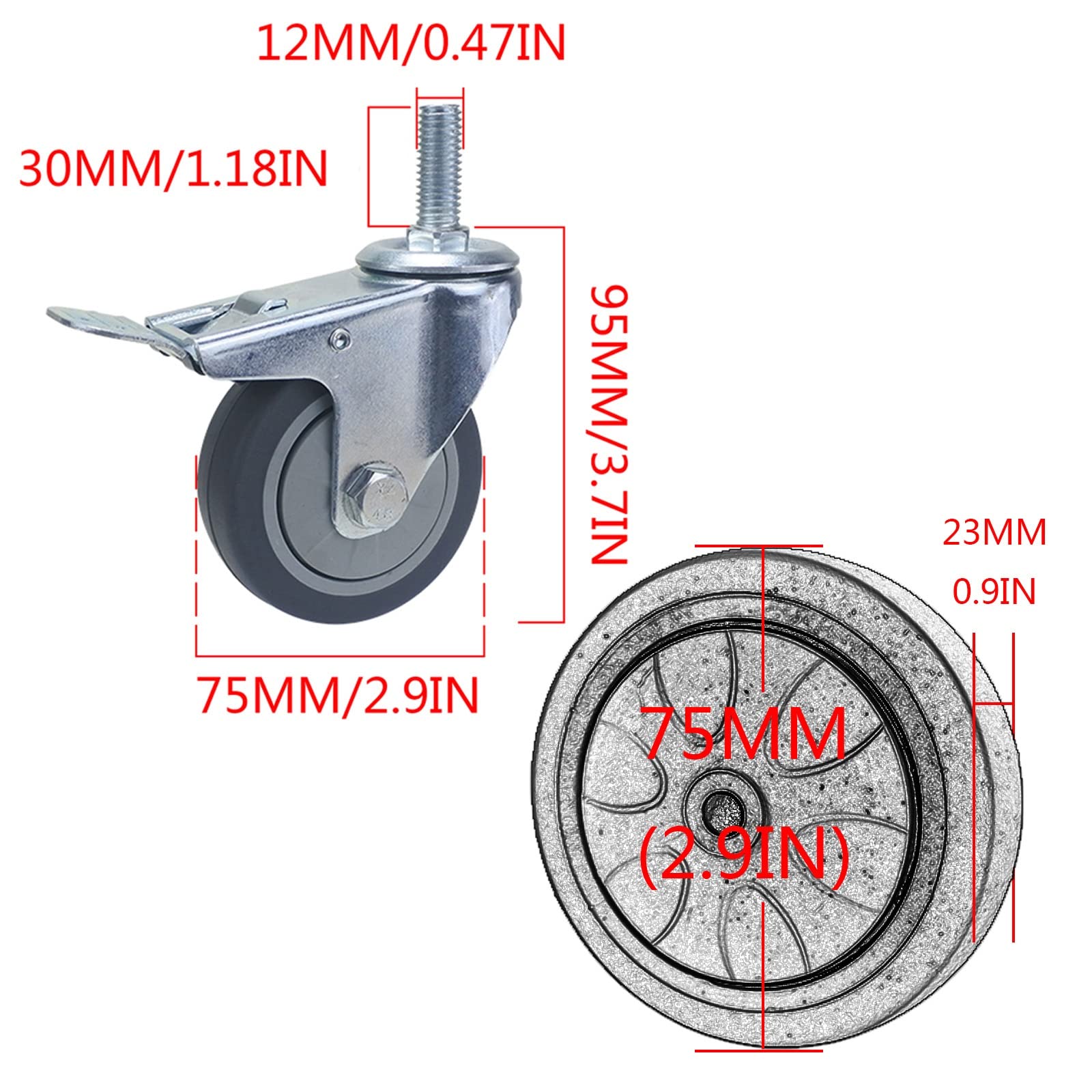 Kółka skrętne z gwintem M12 i hamulcem - 75 mm i 100 mm ciche kółka meblowe z amortyzacją, średnica 12 mm, długość 30 mm, zestaw 4 szt. dla płynnej mobilności
