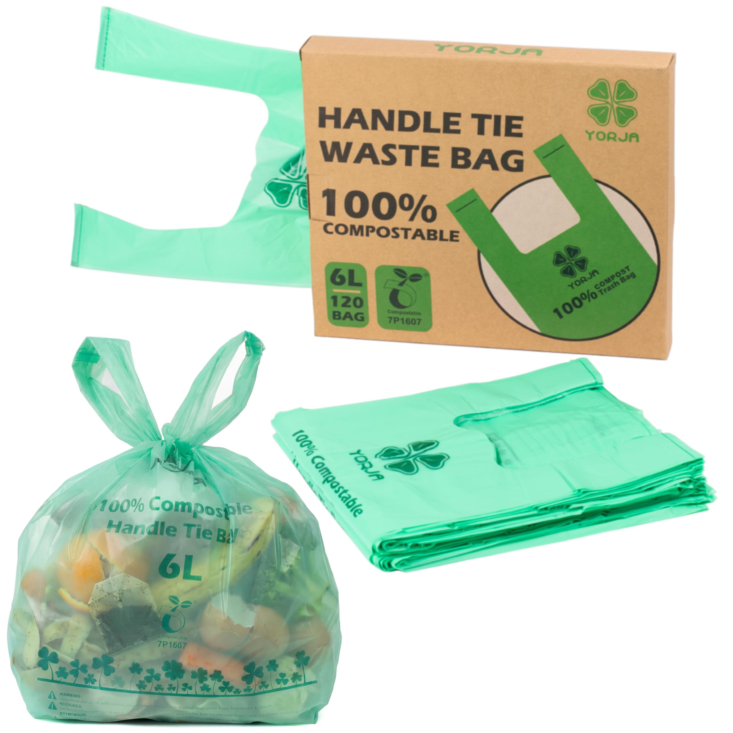 YORJA 6L Tie Handles Compost Caddy Liners 120 Count, 100% Biodegradable Kitchen Bin Bags, Compostable Food Waste Bags with Europe EN13432 & OK COMPOST HOME Certified