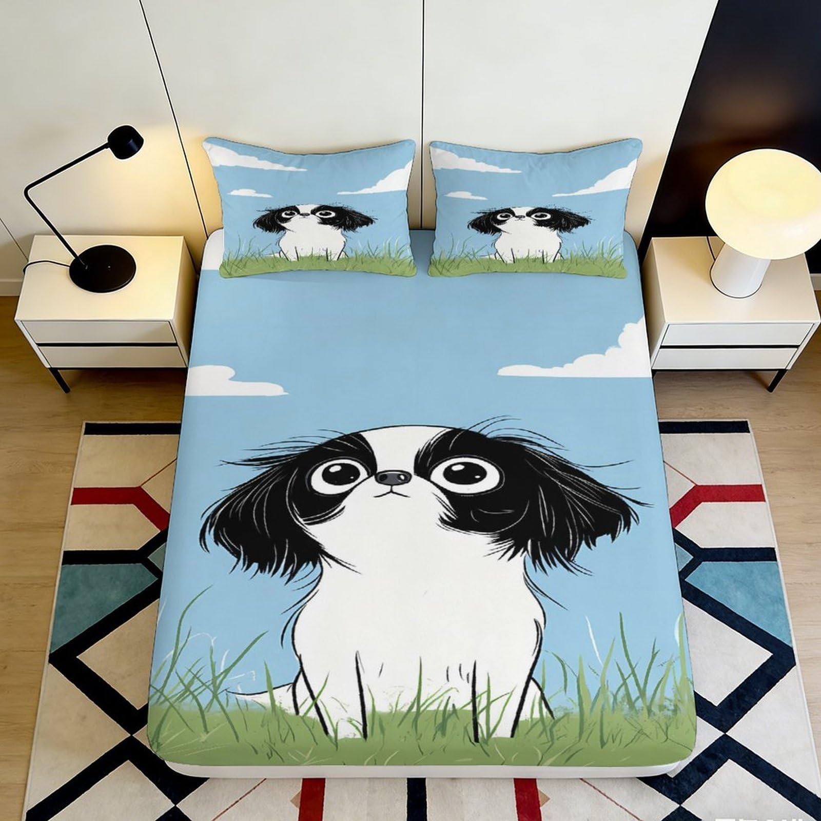 3D Printed Cartoon Dog Fitted Sheet Microfiber Soft Breathable Grass Sky Bed Cover for Bedroom Guest Room Decor 90x200x25cm