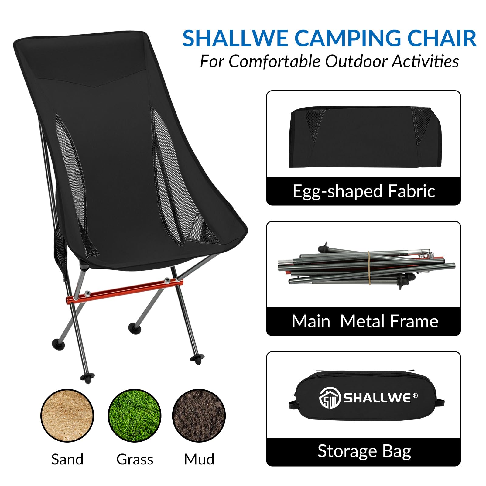 Chaise Camping SHALLWE – Dossier Haut 58 Cm, Alu 7075, 1,45 Kg, Charge 136 Kg, Oreiller Intégré