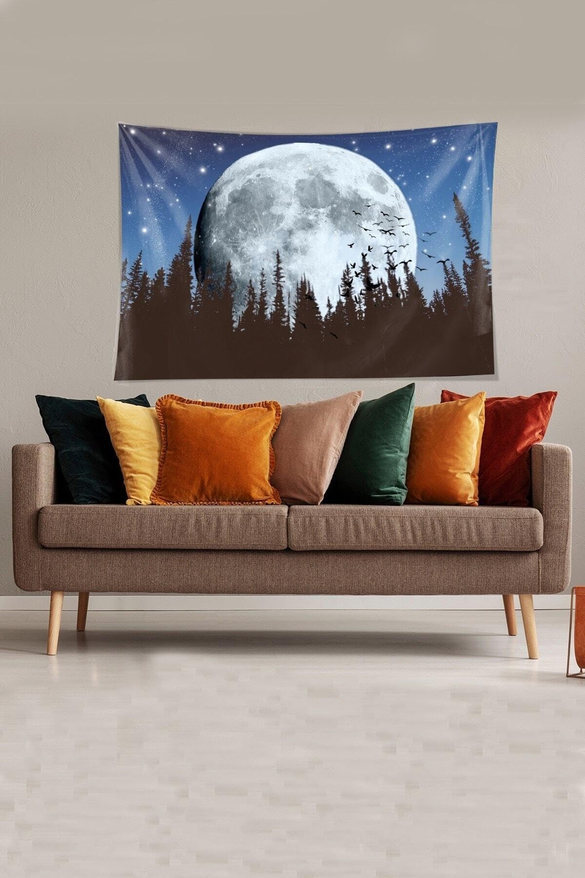 Pelangi Mavi-Beyaz Ay Ve Çam Ağaçlı Leke Tutmaz Kadife Kumaş Duvar Örtüsü Duvar Halısı Tapestry YWLL379, 70 x 100