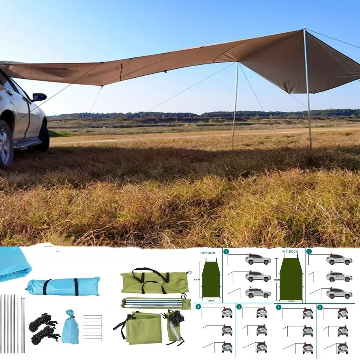 Toldo Caravana,Toldo Furgoneta Camper Tienda de campaña familiar for automóvil, SUV, techo lateral, refugio solar, toldo for coche, camión, parasol, anti-UV, impermeable, toldo for coche a prueba de l