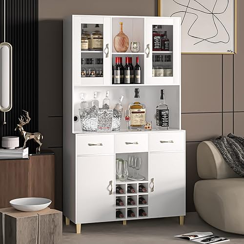 Miniatura 3 de PAKASEPT Gabinete de almacenamiento de despensa de cocina gabinete de despensa con puertas de vidrio templado enmarcadas con 9 estantes de vinos