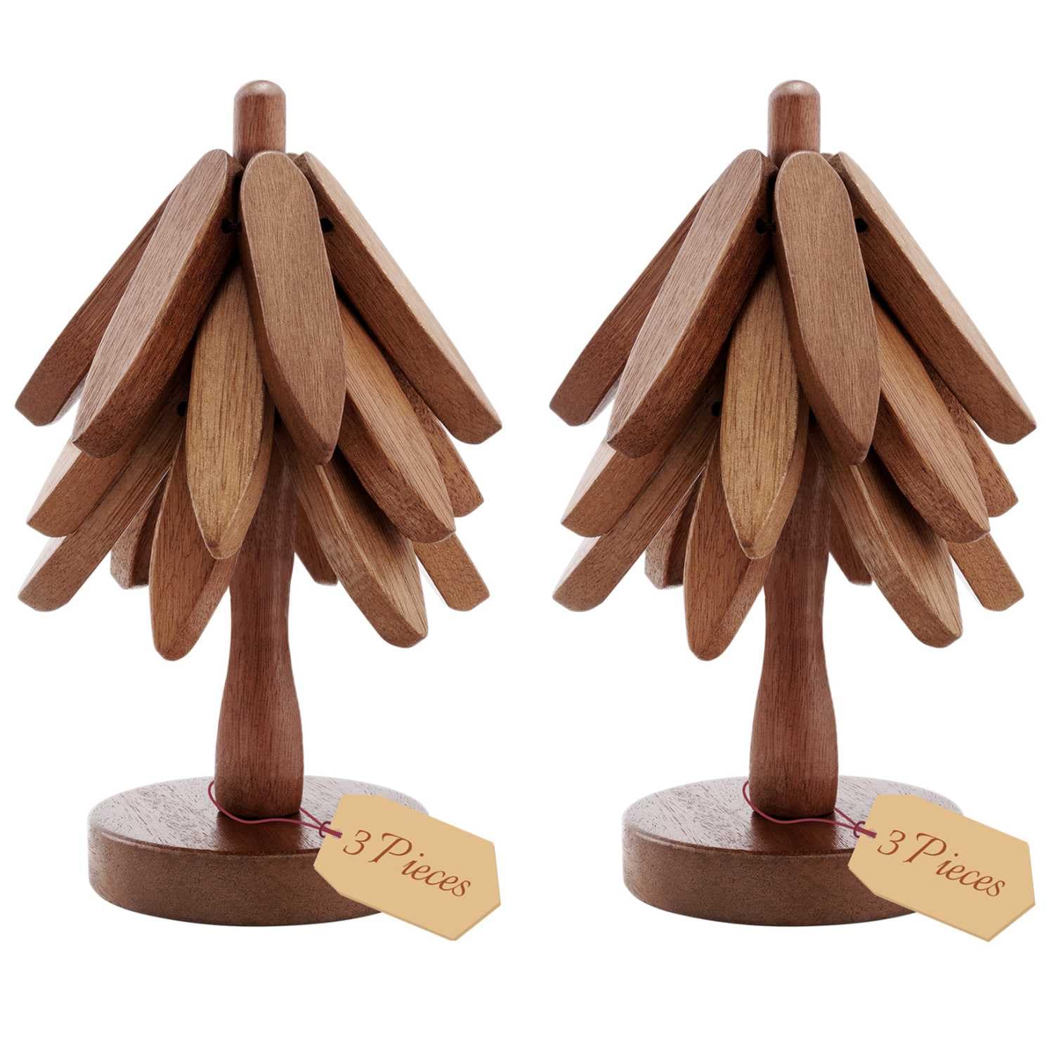 Fonyick Wooden Tree Trivet, Wood Tree Coasters 2 Units, Wooden Trivets for Hot Dishes, Kitchen Hot Pads for Hot Pots and Pans, Sapele