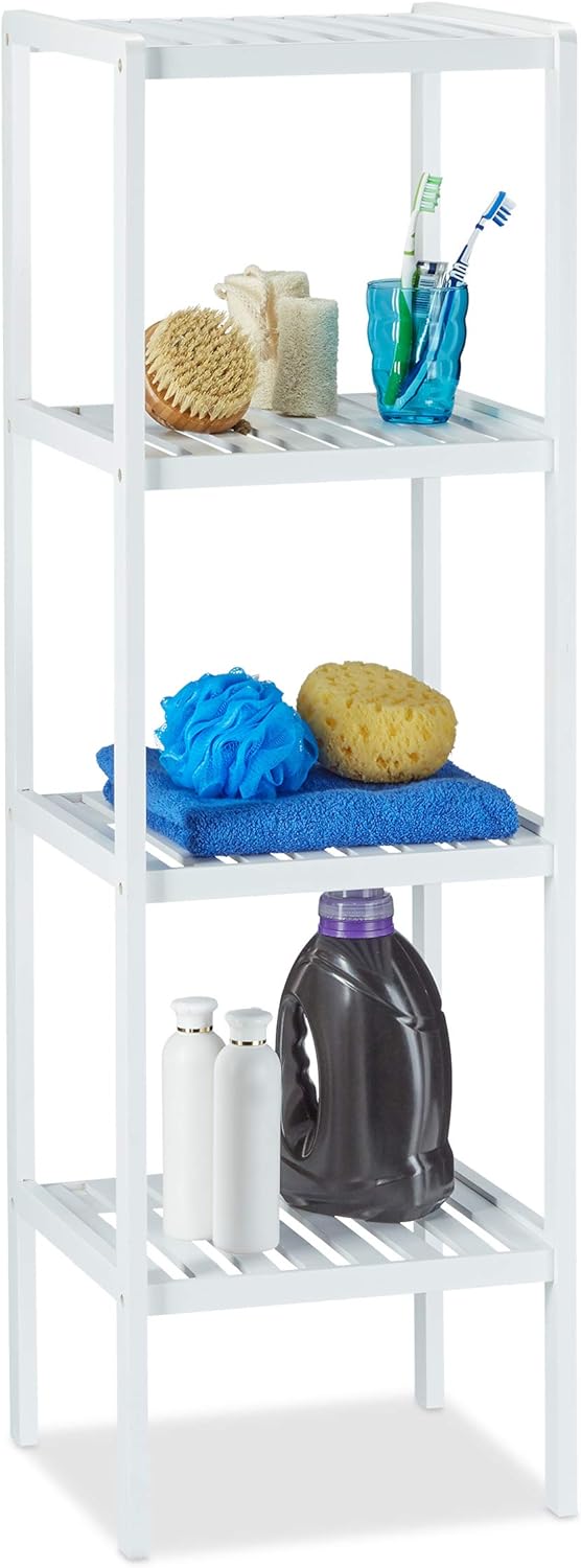 Relaxdays Estantería de baño bambú con 4 estantes, 110 x 34,5 x 33 cm, alta estantería de pie, madera, blanco