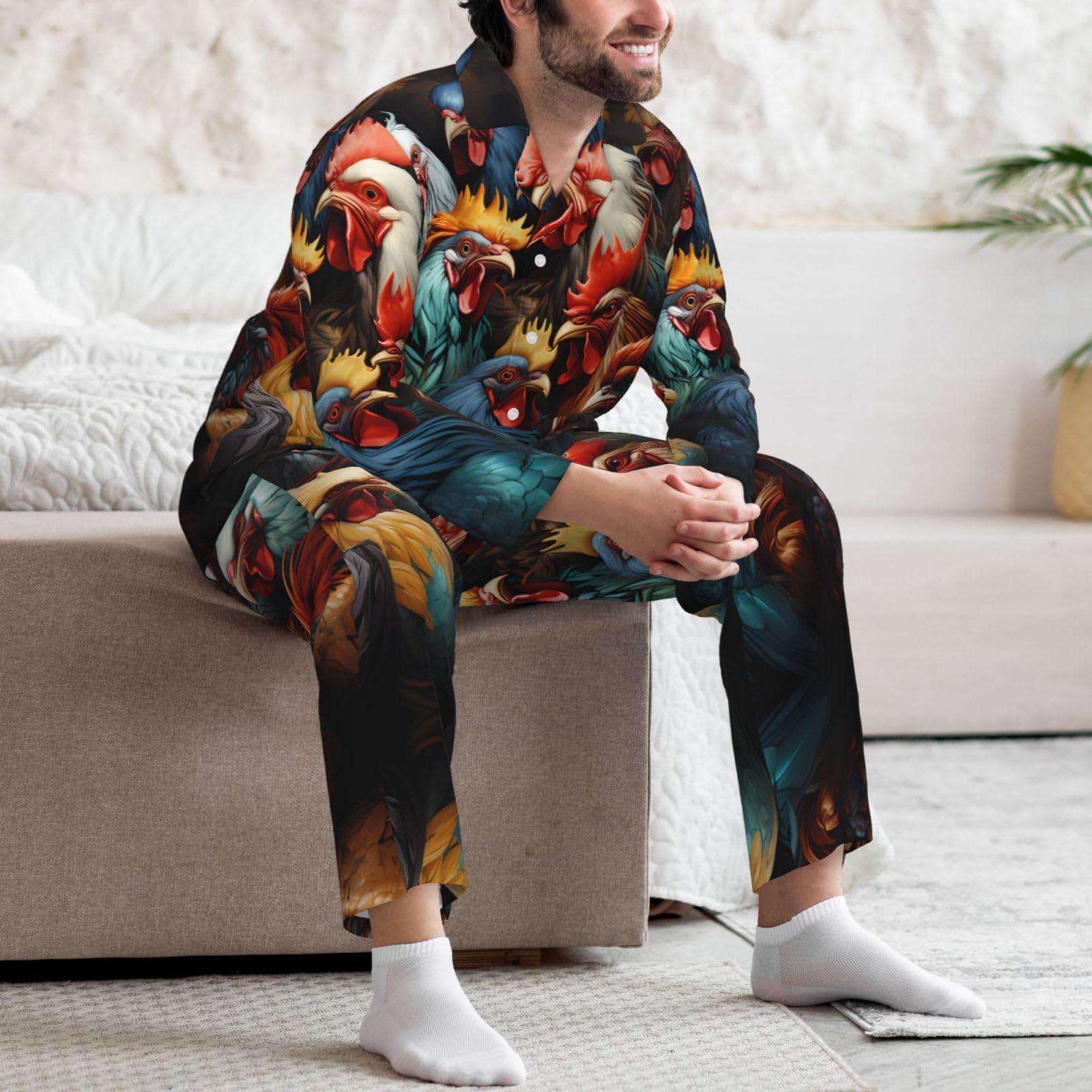 Galli colorati in piedi insieme Set pigiama a maniche lunghe morbido stampato da uomo, abbigliamento casual