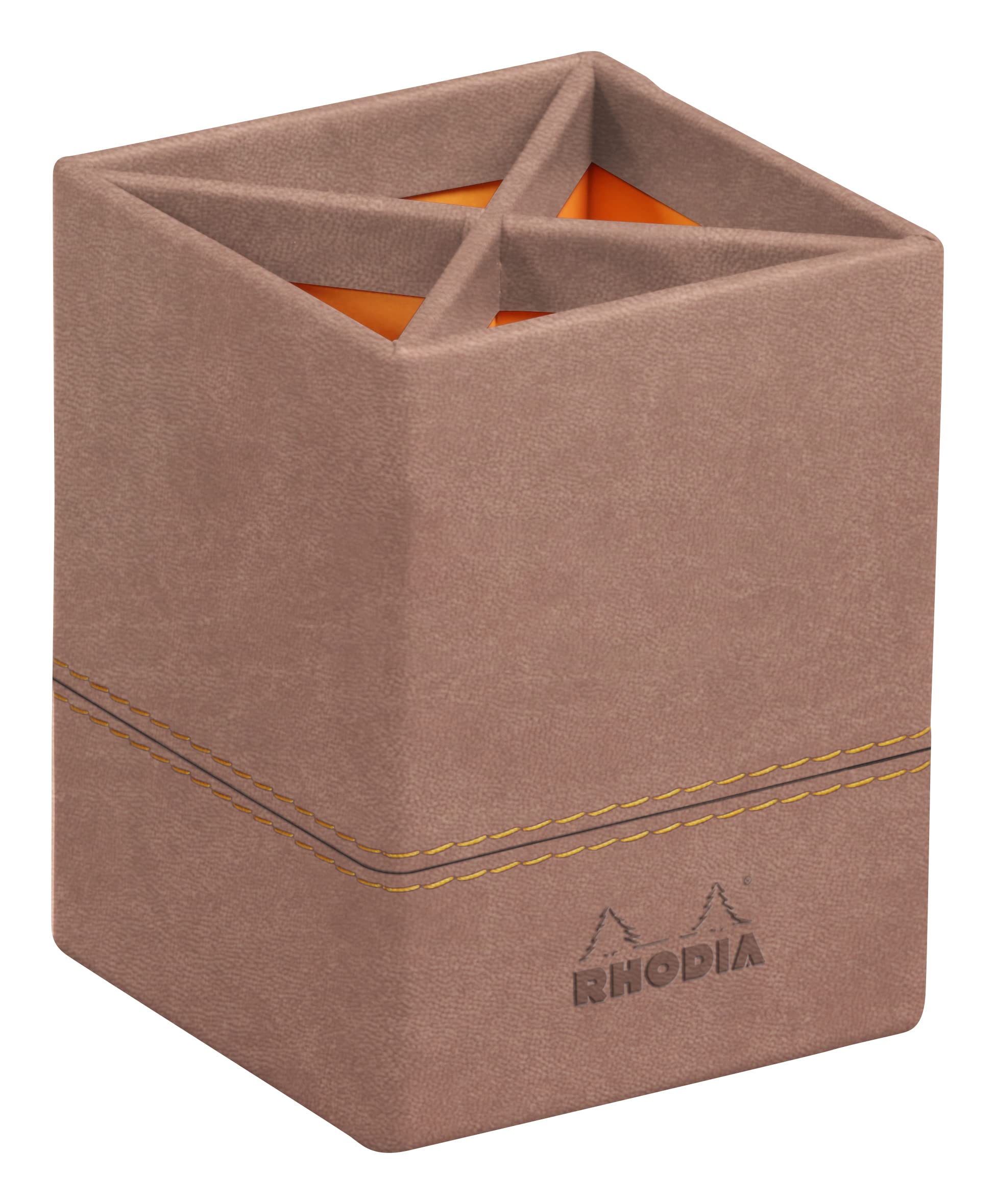 RHODIA 194528C, Rosewood Pencil Pot, 8x8x11 cm, Orange Saddle Stitching, Faux Leather Exterior
