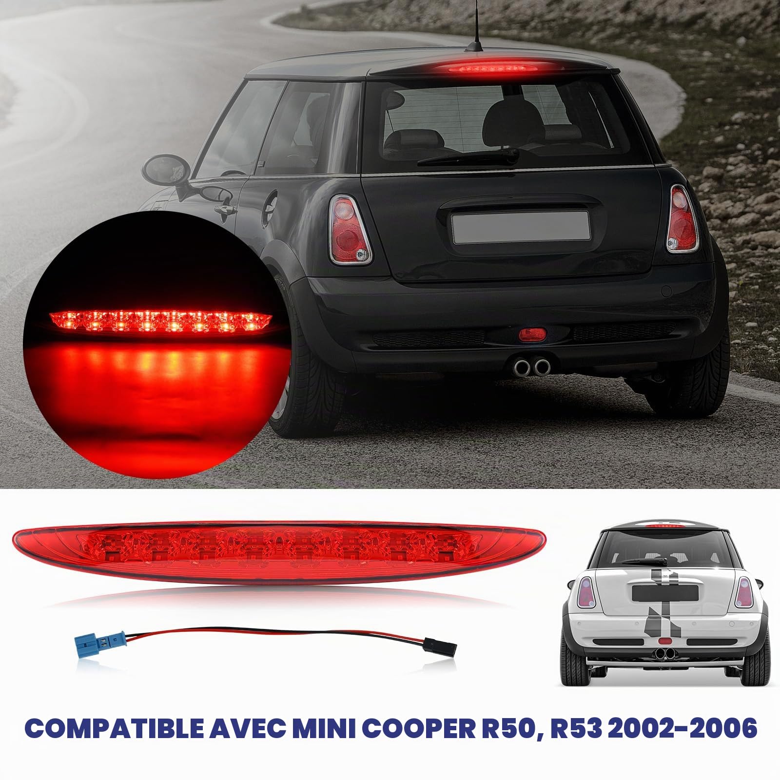 Baceyong Troisième Feu Stop à LED, 3e Feu Stop Arrière à Montage Haut Compatible avec Mini Cooper R50, R53 2002-2006, remplace 63256935789, lentille rouge