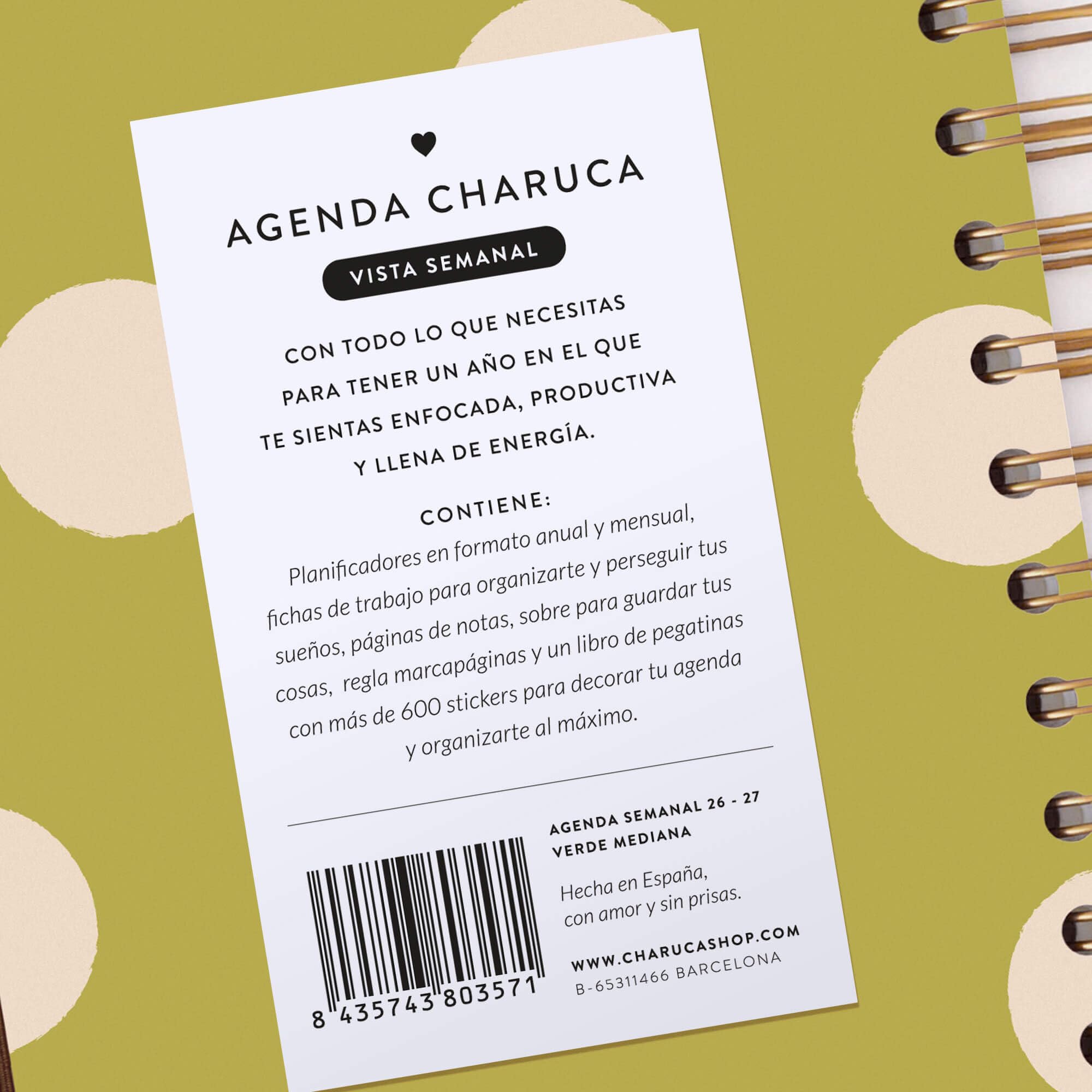 Agenda Charuca 26-27 Académica VISTA SEMANAL - Tapa Dura con Detalles Dorados, Tamaño MEDIANA - Incluye BOLSA de Tela PROTECTORA y Marcapáginas - Hecho en España. (PISTACHO DREAMS)