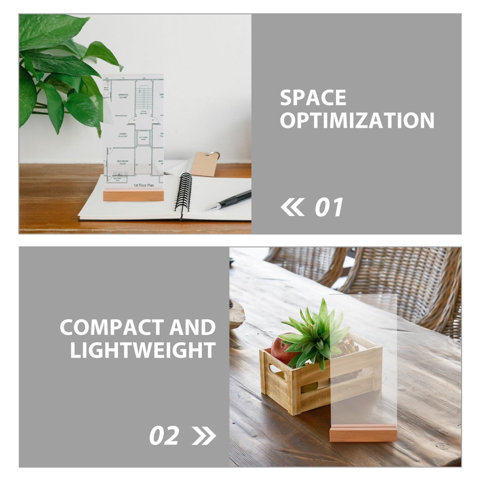 5 Piezas Soportes de Carteles Acrílicos Transparentes con Base de Madera T Portamenús Verticales Dobles para Restaurante y Eventos para Exhibición de Mesa Marcos Plásticos para