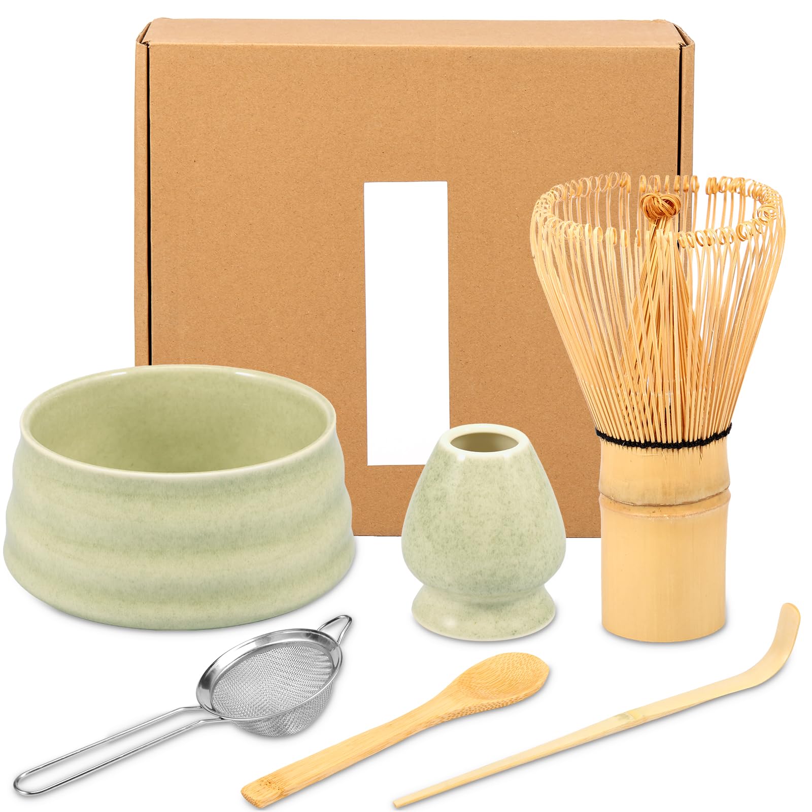 7 Pcs Matcha Whisk Set Complete Matcha Making Set with Ceramic Whisk Holder Matcha Bowl Tea Scoop Matcha Whisk Set Tea Cloth Tea Strainer Elegant Matcha Tea Whisk Set for Tea Lovers (01)