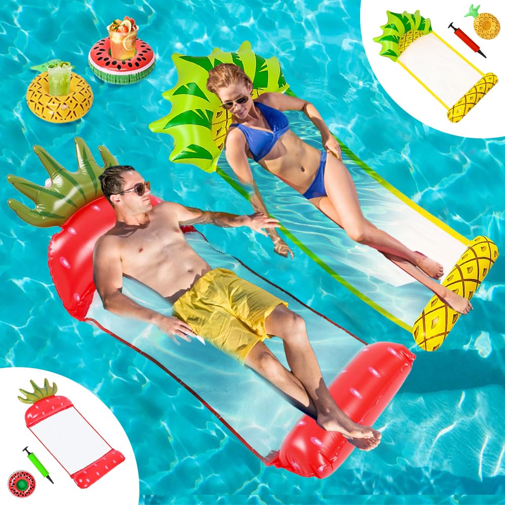 2Pcs Flottant Hamac Gonflable, 4 in 1 Matelas Filet Piscine Gonflable, Hamac Piscine Portable avec 2 Pompe à Air Manuelle 2 Porte-Boissons Gonflables, Matelas Piscine Pliable pour Plage, Partie