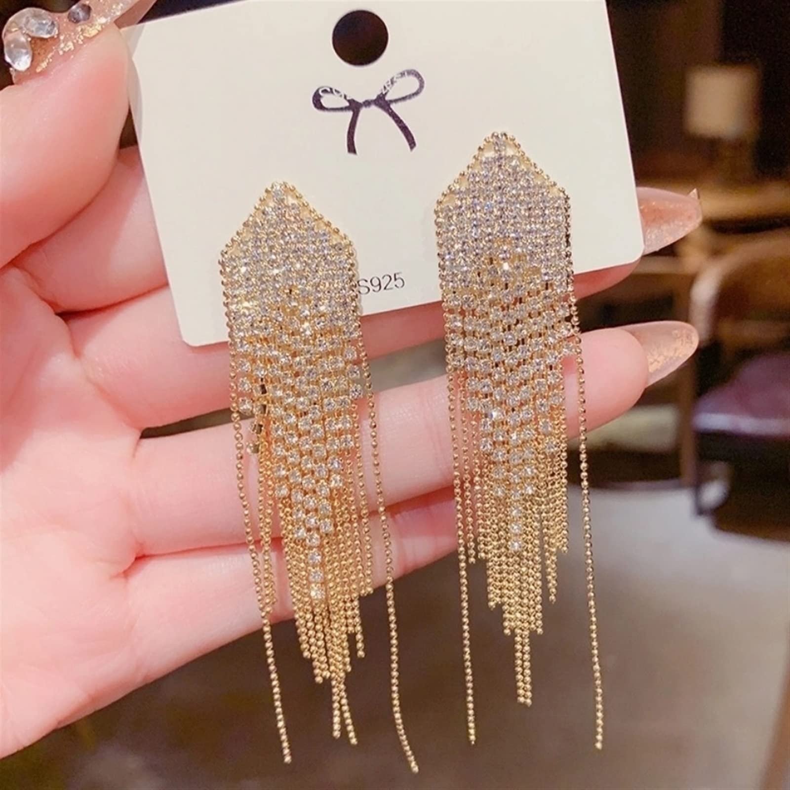 HJMMHX Damen Ohrringe Luxus Lange Quaste Tropfen Ohrringe Für Frauen Kristall Strass Hängende Baumeln Ohrringe Braut Hochzeit Schmuck Ohrringe