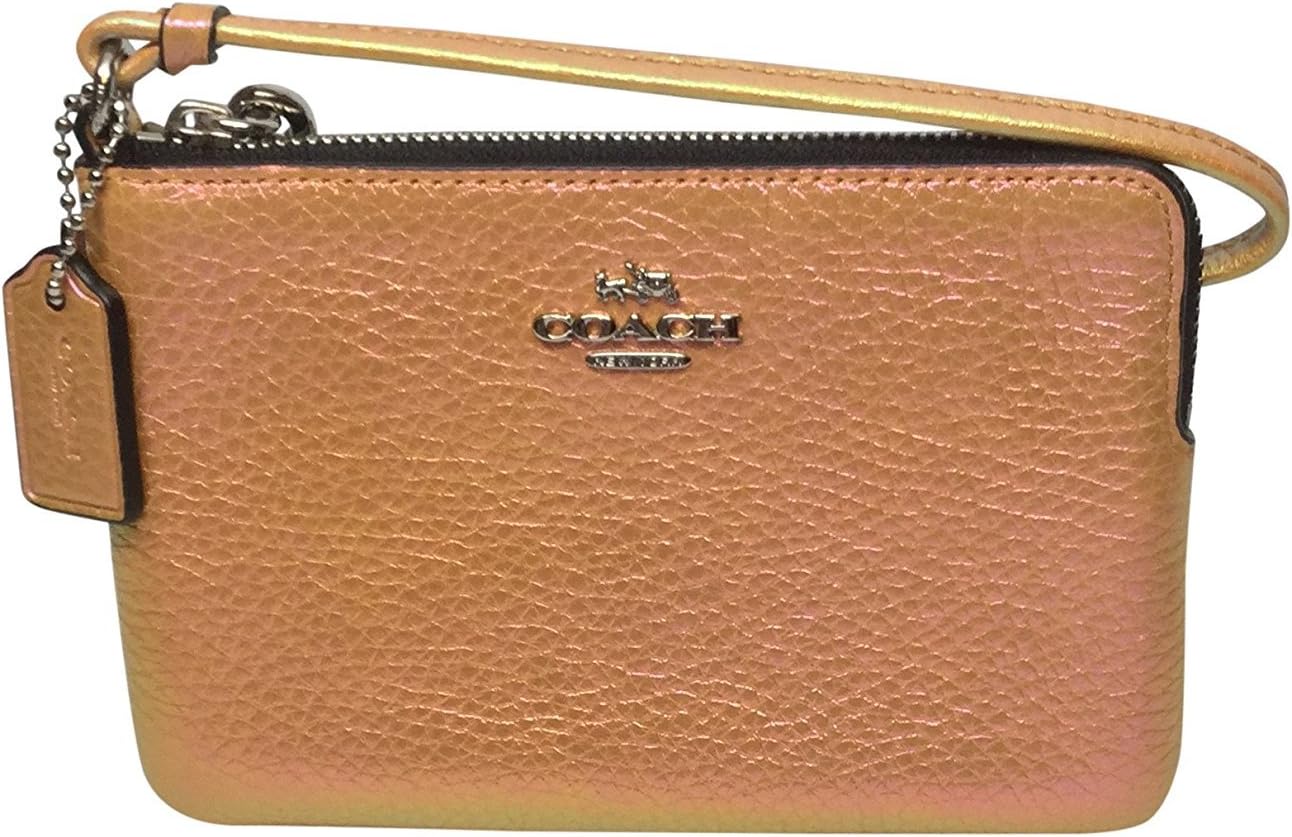 Coach Corner Zip Small Wristlet Leather Clutch Hologram Iridescent Gold 64938