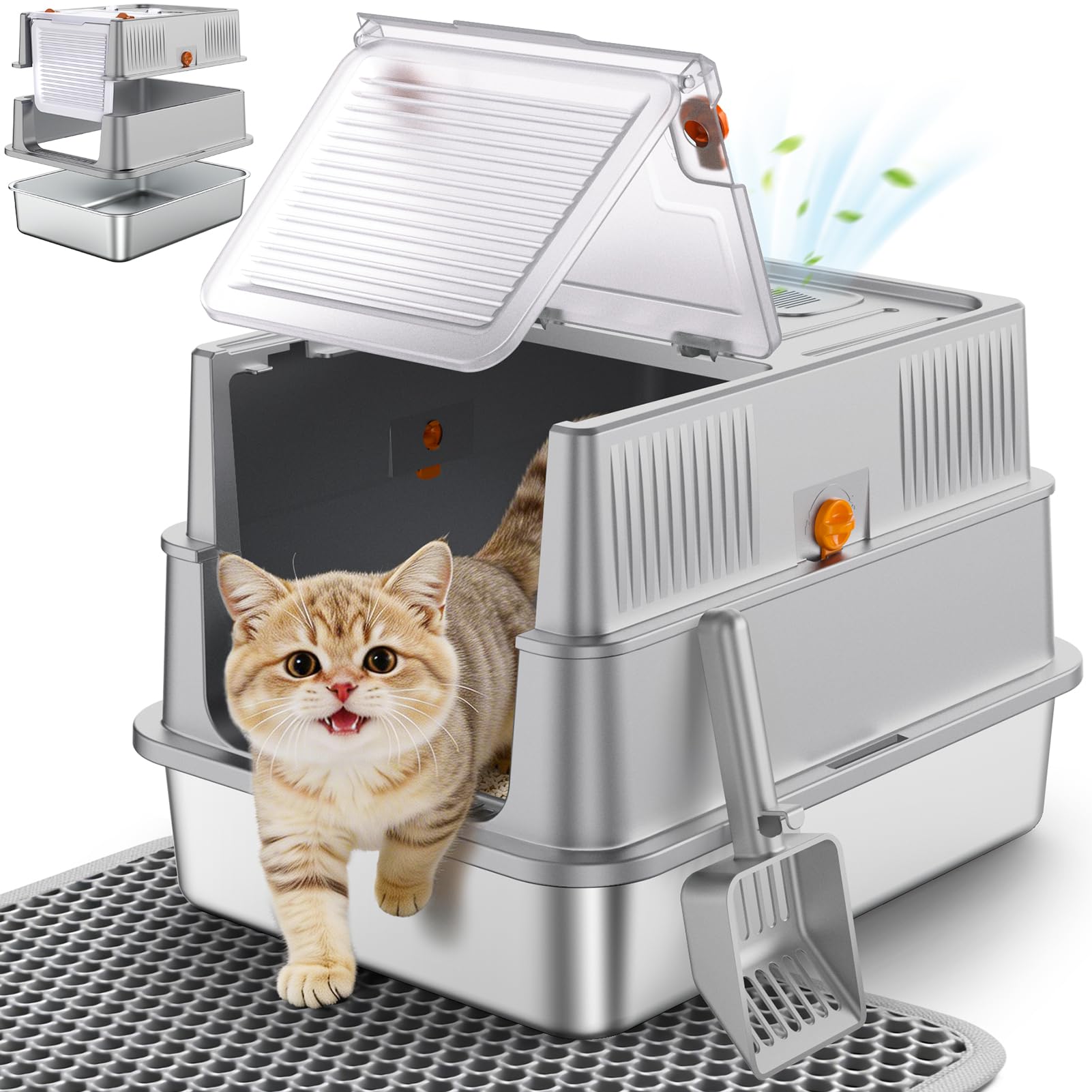 URPOWER Stainless Steel Cat Litter Box 180° Flip-Top