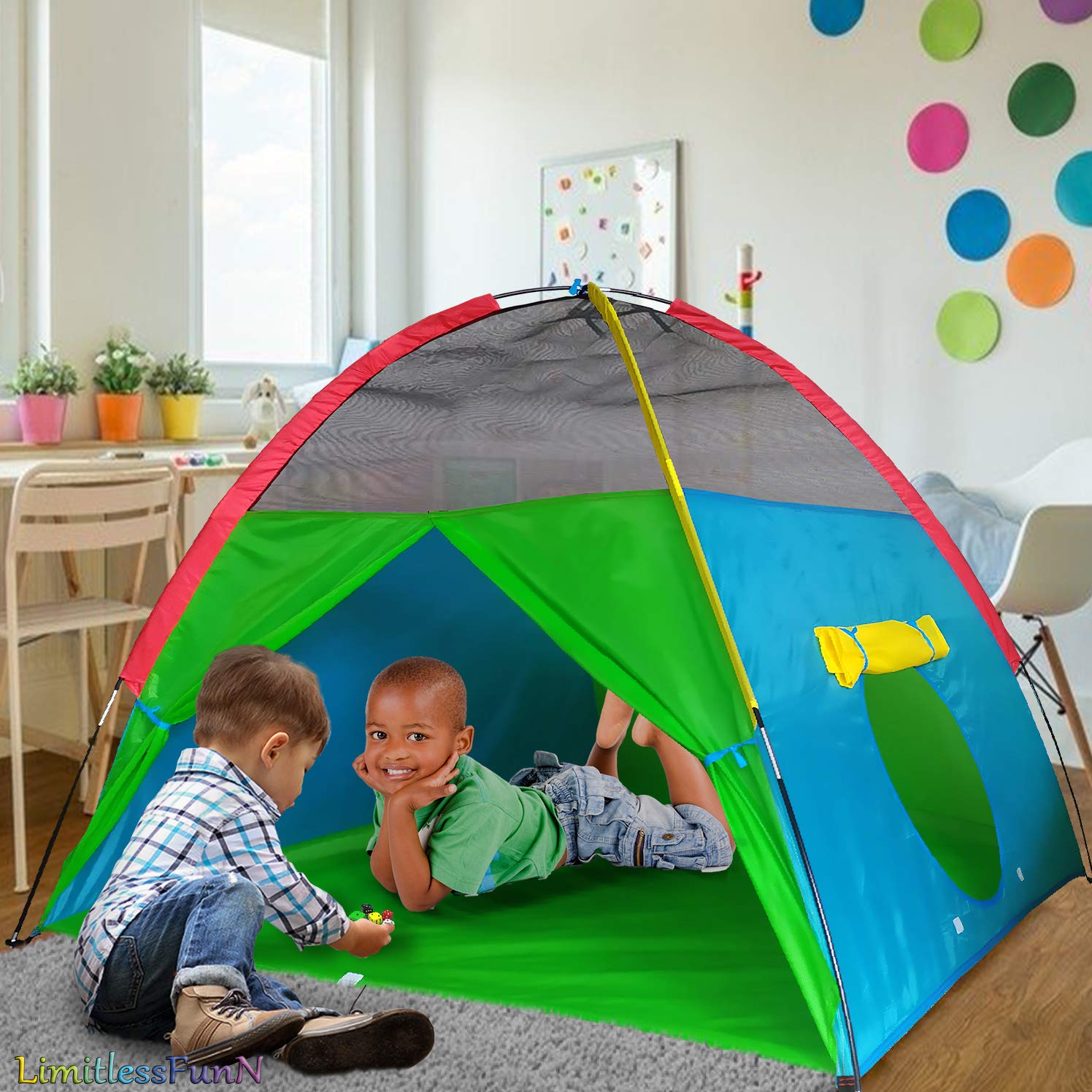 Tienda de campaña Rainbow para niños, incluye luces de estrella y estuche de transporte, casa de juegos para niños, niños pequeños, interior y exterior, 58 pulgadas de profundidad x 58 2