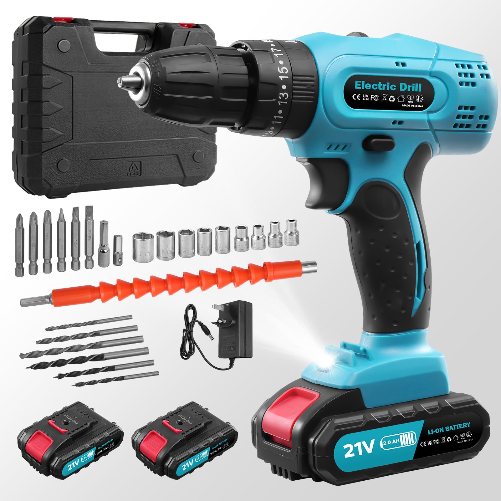 wowspeed Cordless Drill 21V, Battery Power Drill Drivers, 29PCS Electric Screwdriver Set, 2000mAh Combi Drills, 50Nm, 25+3Torque, LED Light, 2 Speed, 3/8” inch Chuck