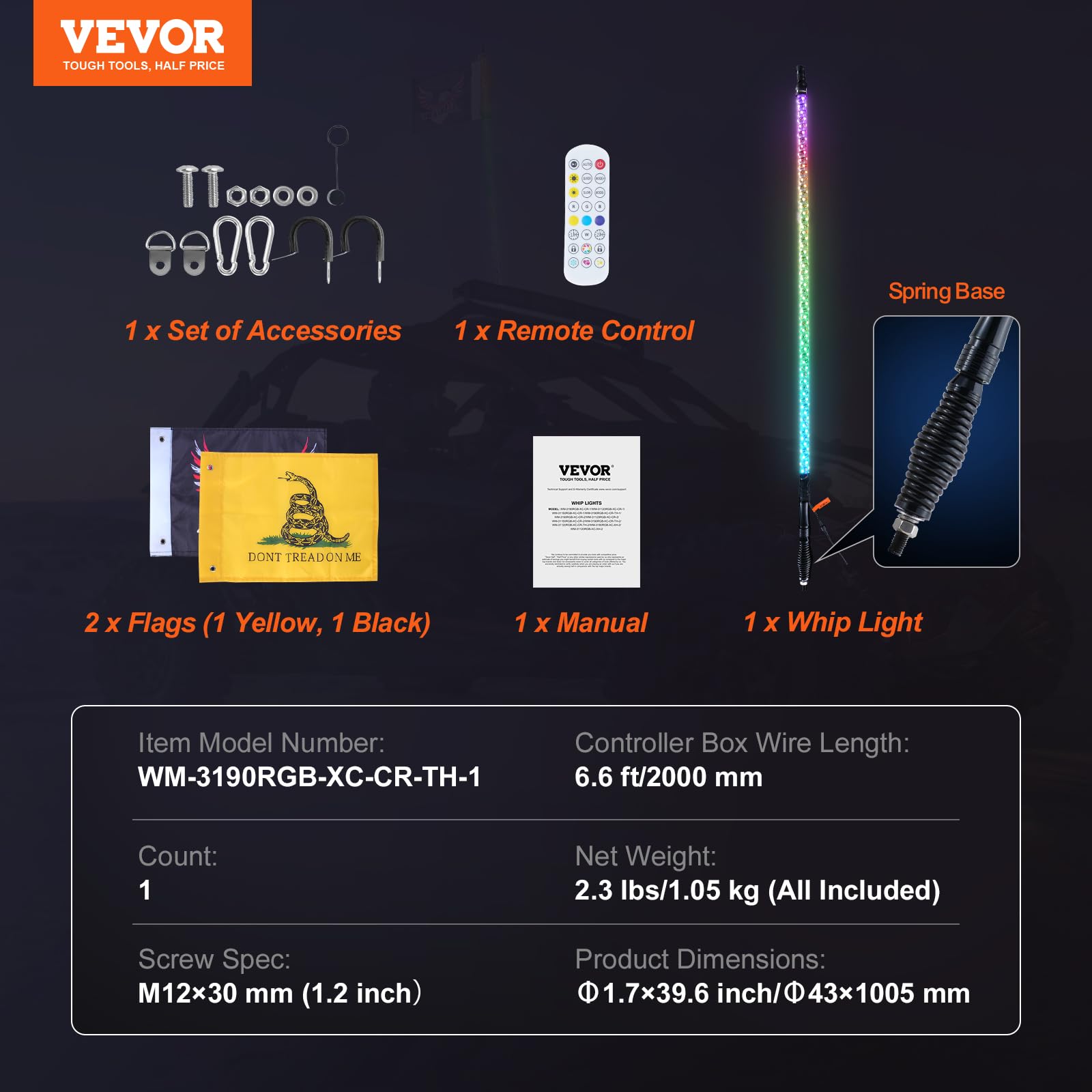 VEVOR Fouet Lumineux LED de 91 cm avec Base à Ressort, Télécommande APP et RF, Étanche à 360° en Spirale RVB avec 2 Drapeaux, Éclairage pour UTV, VTT, Motos, RZR, Camions, Tout-Terrain, 1 Pièce