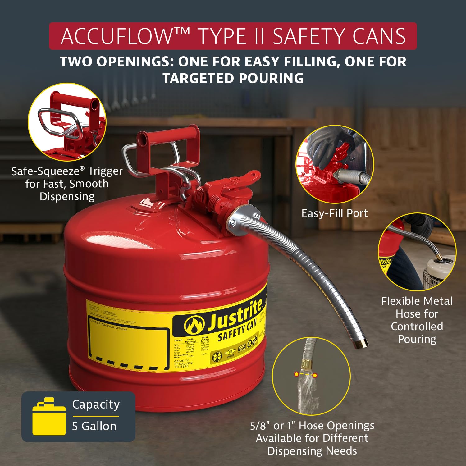 Justrite Type II Gasoline Safety Can, Red Galvanized Steel, FM Approved — Amazon image 2