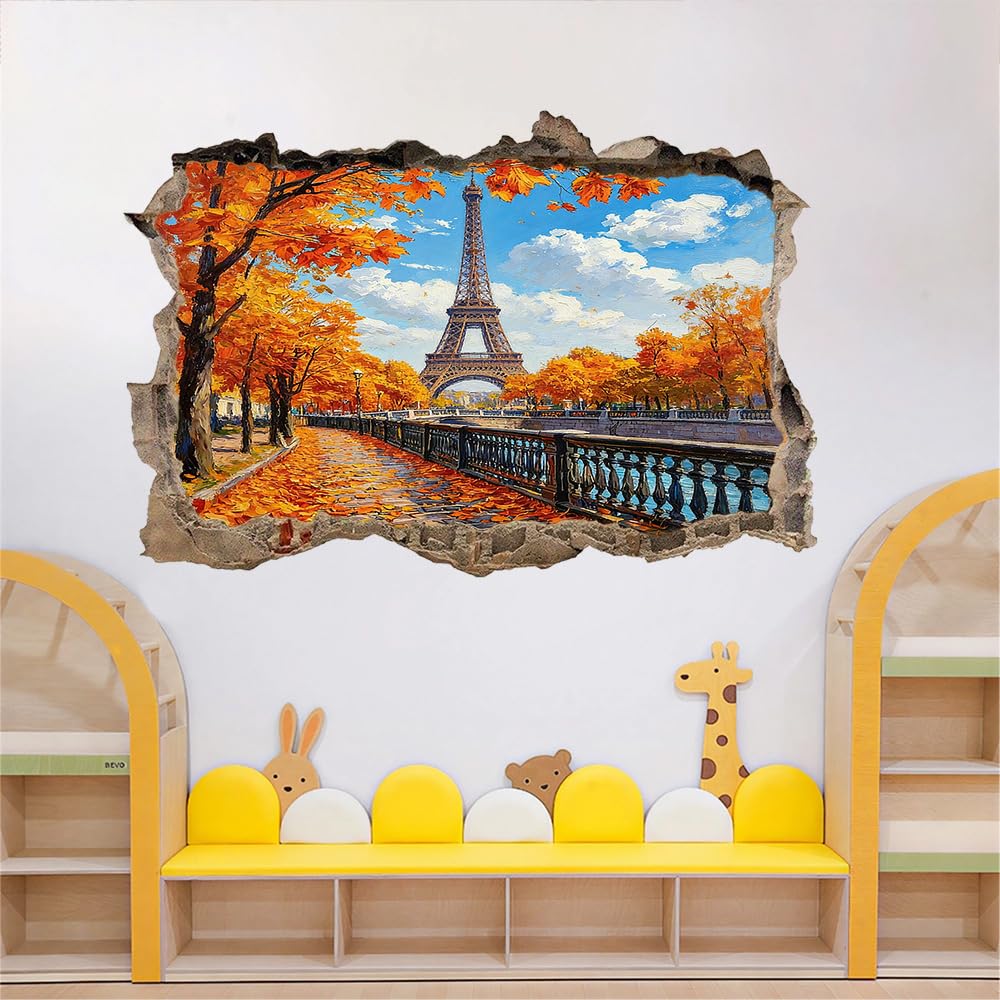 3D Wandtattoo I Wandbild Eiserner Turm Wandaufkleber I Wandsticker Durchbruch Herbstlandschaft Entlang Der Straße Poster Fensterblick I Wand Deko Aufkleber für Wohnzimmer Schlafzimmer Türaufkleber