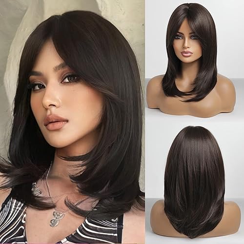 HAIRCUBE Long Dark Brown Wigs for Women, Synthetic Hair Wig with Bangs for Daily Use