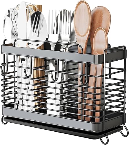 Soporte para utensilios, escurridor de utensilios de acero inoxidable con bandeja de drenaje, cesta escurridor de encimera de cocina, cubiertos,