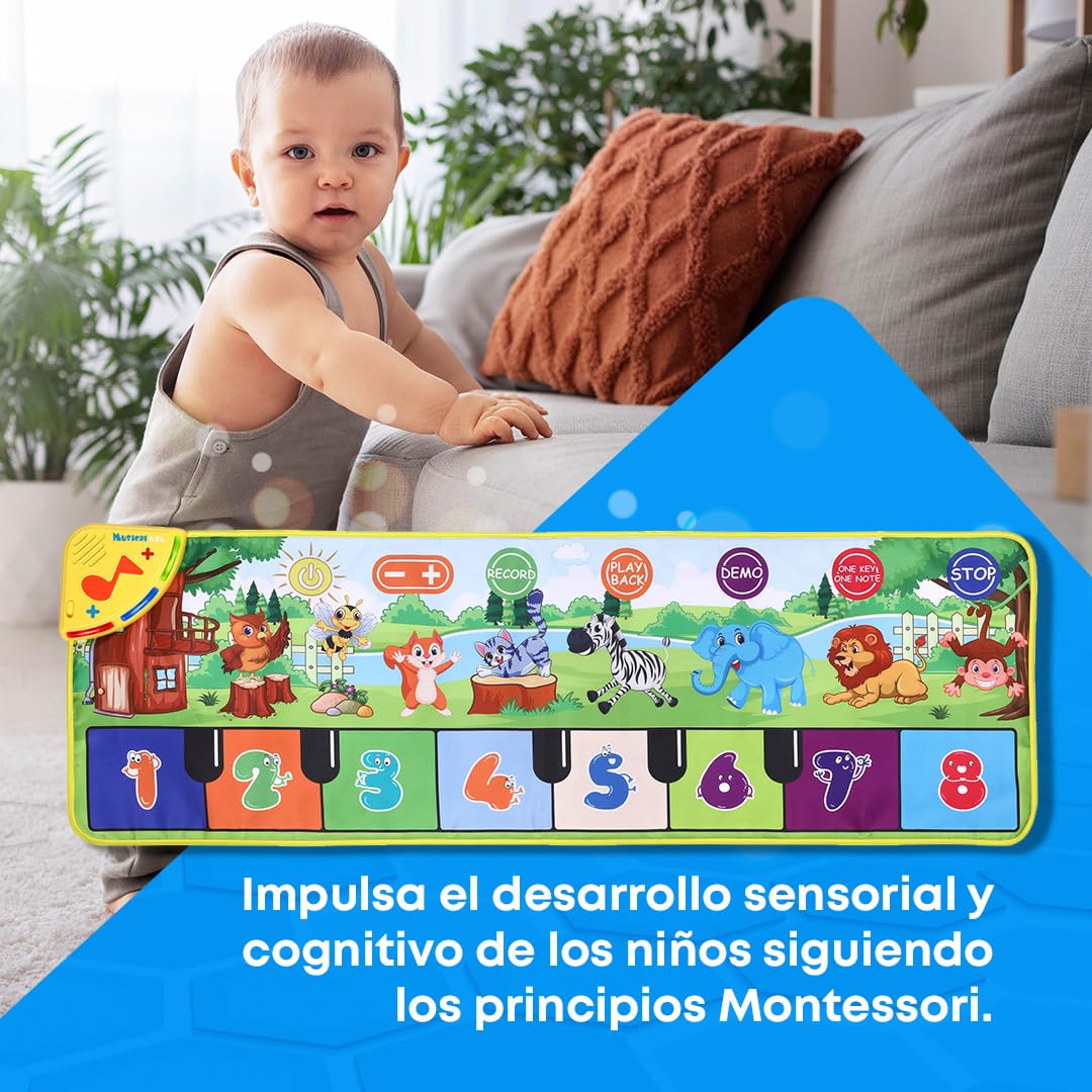 NK Alfombra Musical para Bebé con 8 Sonidos de Animales LED - Piano Infantil Juguete para Niños 3 4 5 años, Regalo Original Montessori Cumpleaños Navidad, Plegable, Función Record/Playback (110x36cm)