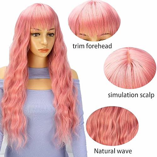 Miniatura 2 de YOSILADY Peluca rosa con flequillo, suave, de 26 pulgadas de largo, rizada, ondulada, para mujer, resistente al calor, fibra sintética, cosplay,