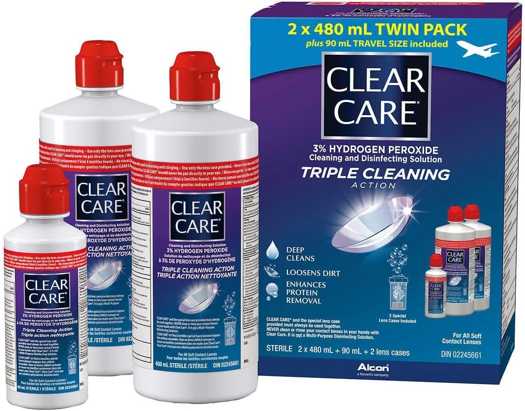 Clear Care 3% Hydrogen Peroxide Triple Action Cleaning Triple Action 2x16oz + 3oz Travel Size, Blue