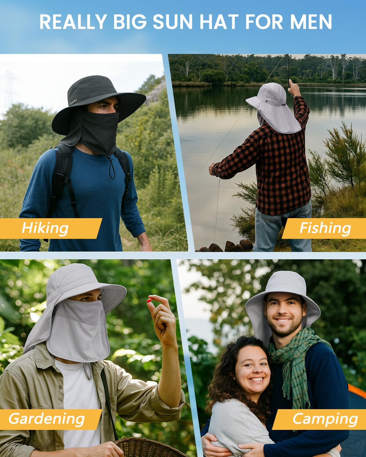 Zylioo Chapeaux de protection UV XXL/XL avec rabat pour le cou, grand chapeau de soleil pour homme avec masque rafraîchissant à large bord pour la pêche