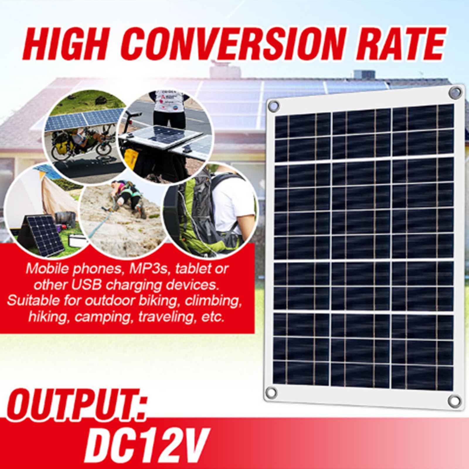 Zestaw paneli słonecznych 100 W, płyta solarna 18 V z kontrolerem 10-A-60 A, dwa porty USB, ogniwa słoneczne, powerbank do telefonu, MP3, kampera, samochodu, na kemping