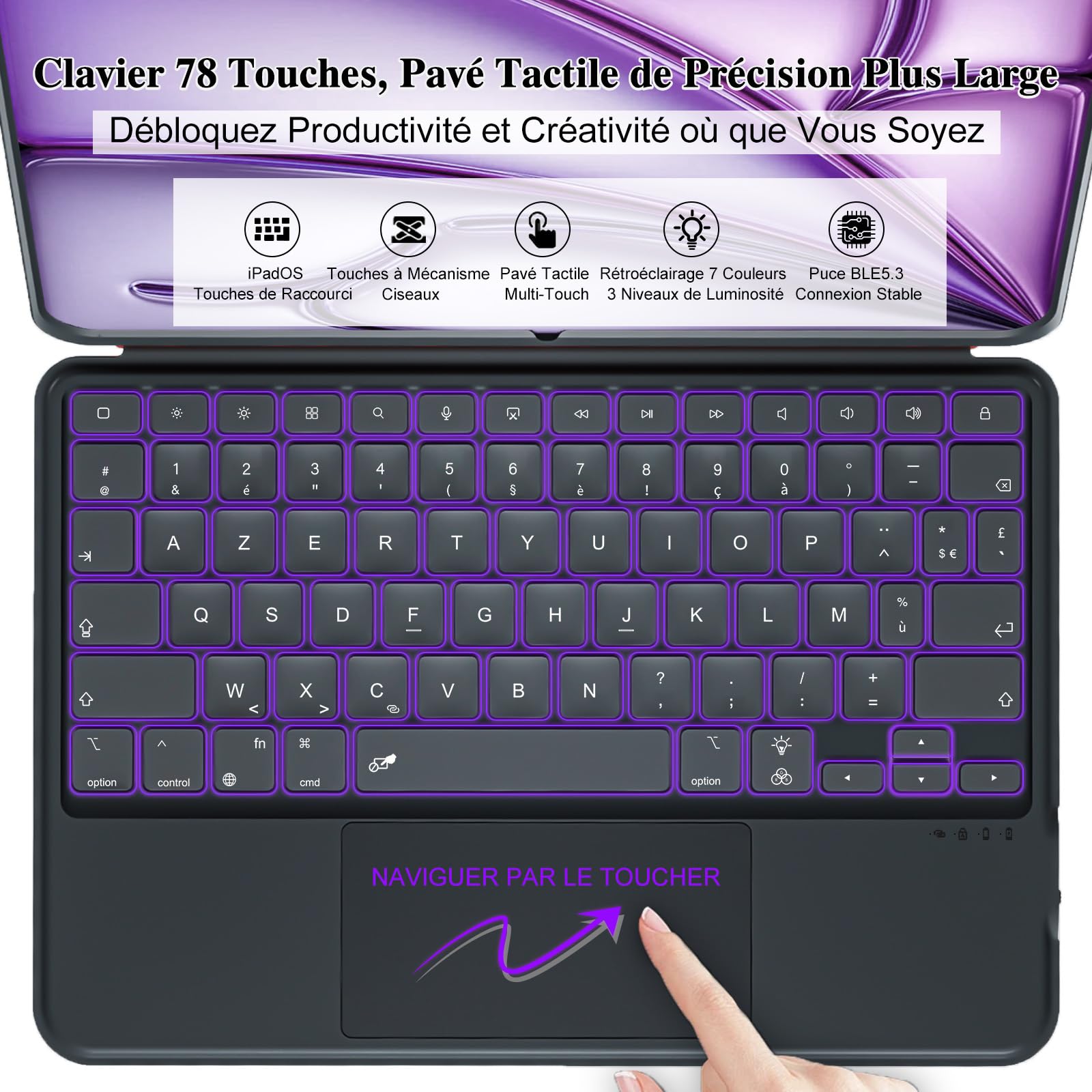 Housse Clavier pour iPad Air 13 Pouces (M4/M3/M2, 2026/2025/2024), Pro 12,9" 6e/5e/4e/3e Gén, Clavier Bluetooth Magnétique Détachable, Trackpad, Rétroéclairées, Support Ajustable (Noir)