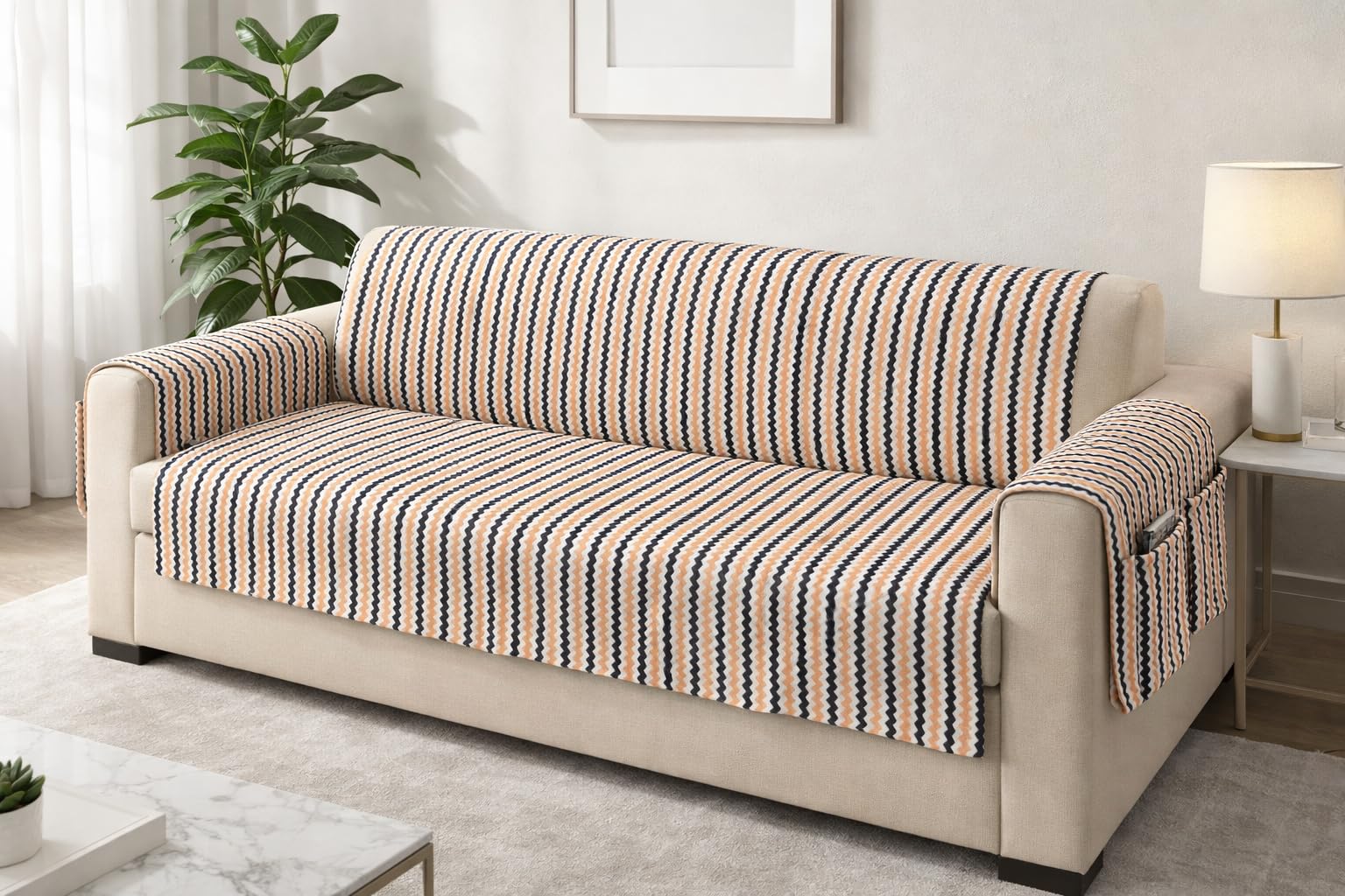 3+2 Seater Set Quilted Velvet Sofa Cover, 360° Full Coverage with Elastic Arms & Pocket | Soft & Washable Sofa Protector | Cream Beige Zigzag Living Room Cover-image-7