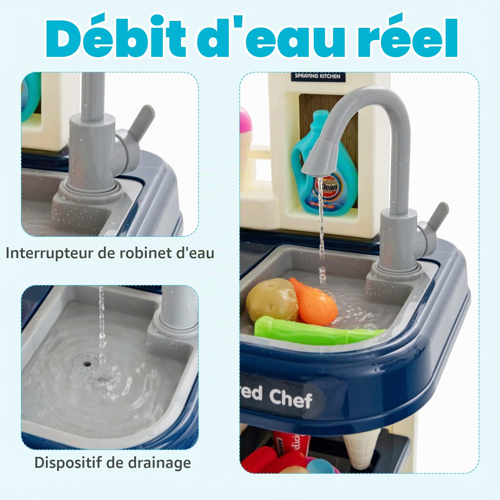 HOMASIS 65 Piece Cuisine Jouet, Ustensiles de Cuisine Accessoires avec Lumière et Son, Simulateur de Cuisine, Evier à Eau Automatique, Set de casseroles et poêles, pour Les Enfants de 3+ Ans (Bleu)