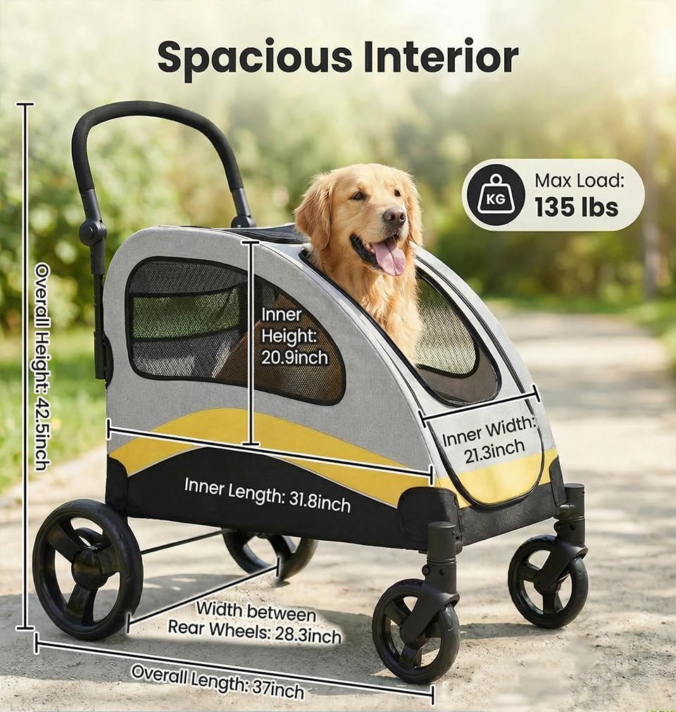 Garvee Poussette robuste pour grand chien jusqu'à 72 kg – Chariot tout-terrain pliable, roues 360°, double entrée, maille respirante, poignée réglable, rangement facile à laver – Jaune, 90×73×108cm
