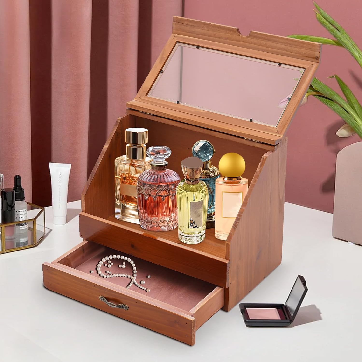 Perfume Organizer Wood Jewelry Storage Box Perfume Display Stand with Drawer