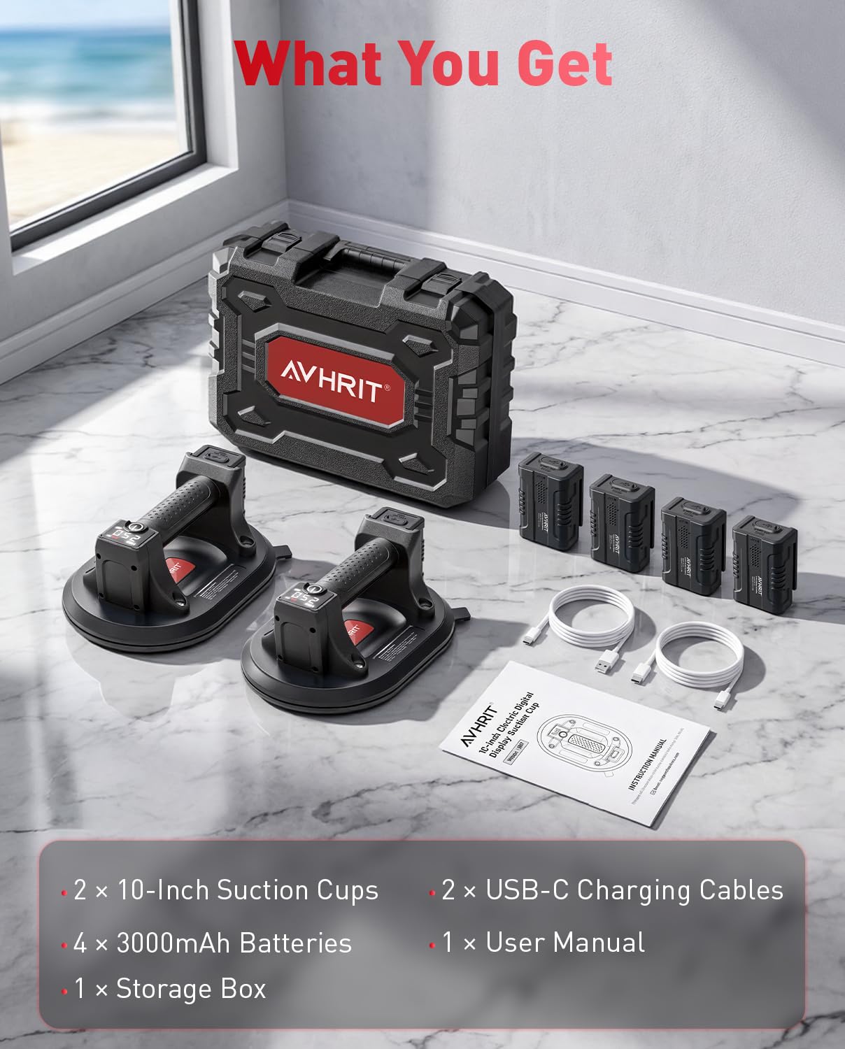 Ventosas Eléctricas para Cristal/Azulejos, Ø245mm con 4x 3000mAh, 250KG Máx, Pantalla LCD, Elevador para Vidrio, Piedra y Metal, Ideal para Hogar y Trabajo Profesional