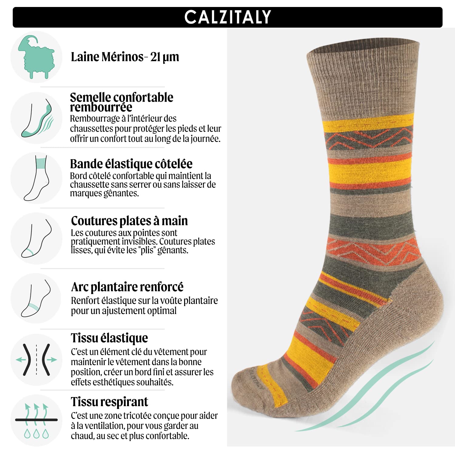 CALZITALY 3 Paires de Chaussettes en Laine Mérinos avec Motif à Rayures | Bleu, Beige, Noir | 35/38, 39/42, 43/46 | Fabriqué en Italie