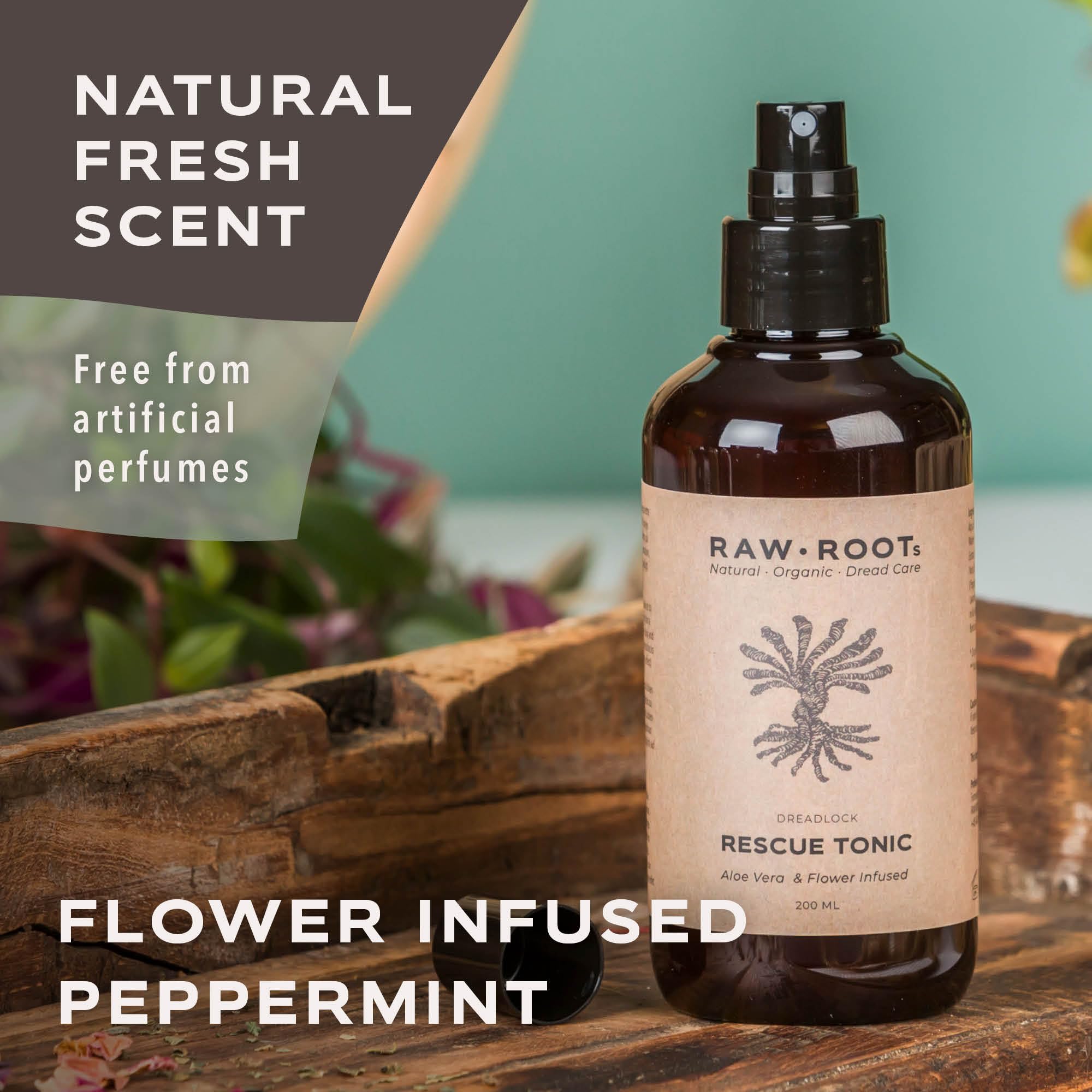 RAW ROOTs Rescue Tonic 200ml | Spray Naturel Rafraîchissant pour Dreadlocks Secs, Cuir Chevelu Irrité et Peaux Sèches | Spray Polyvalent sans Sulfates, Silicone ni Parabènes