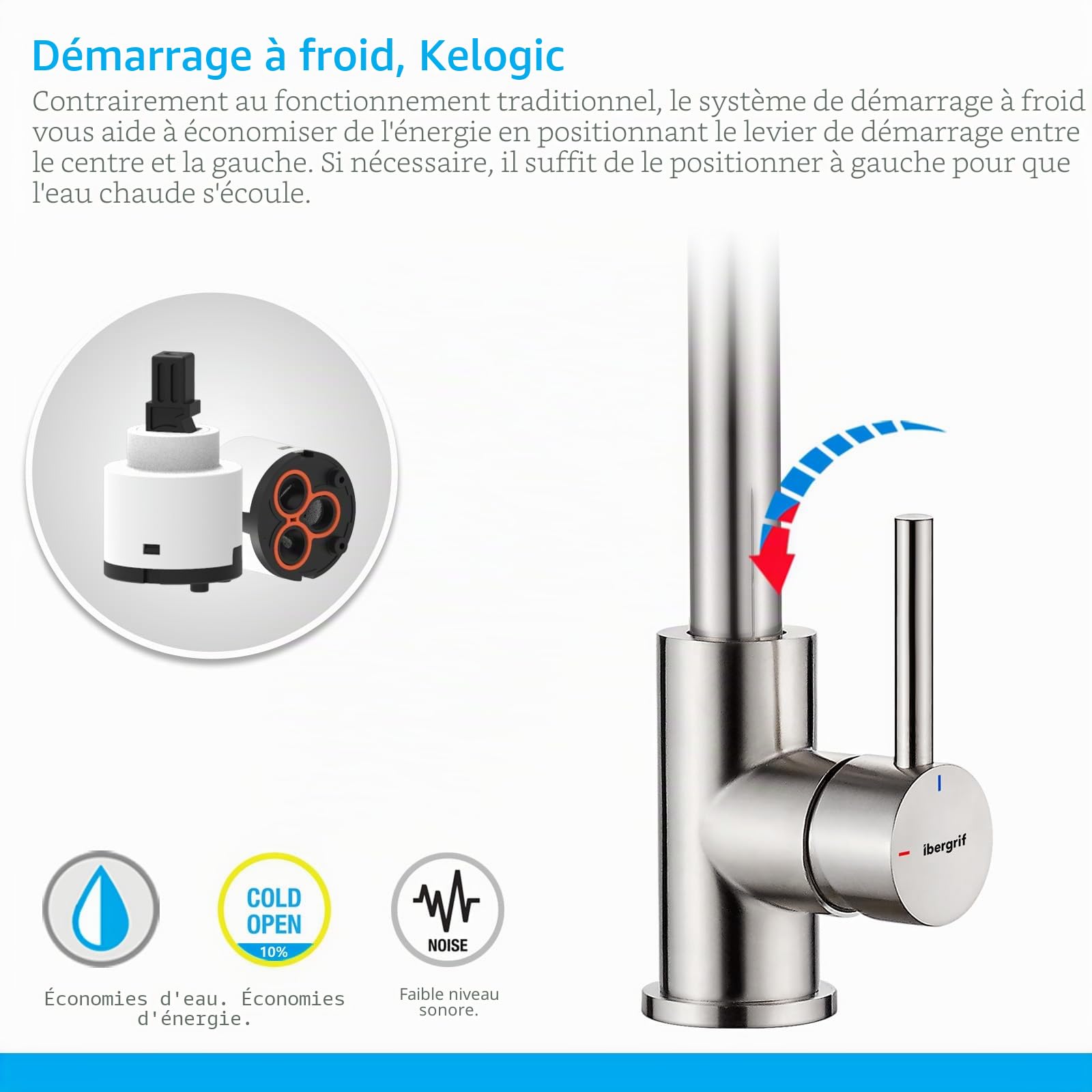 Ibergrif mitigeur monocommande acier inoxydable brossé pivotant 360° haute pression bec 28 cm design d'angle moderne